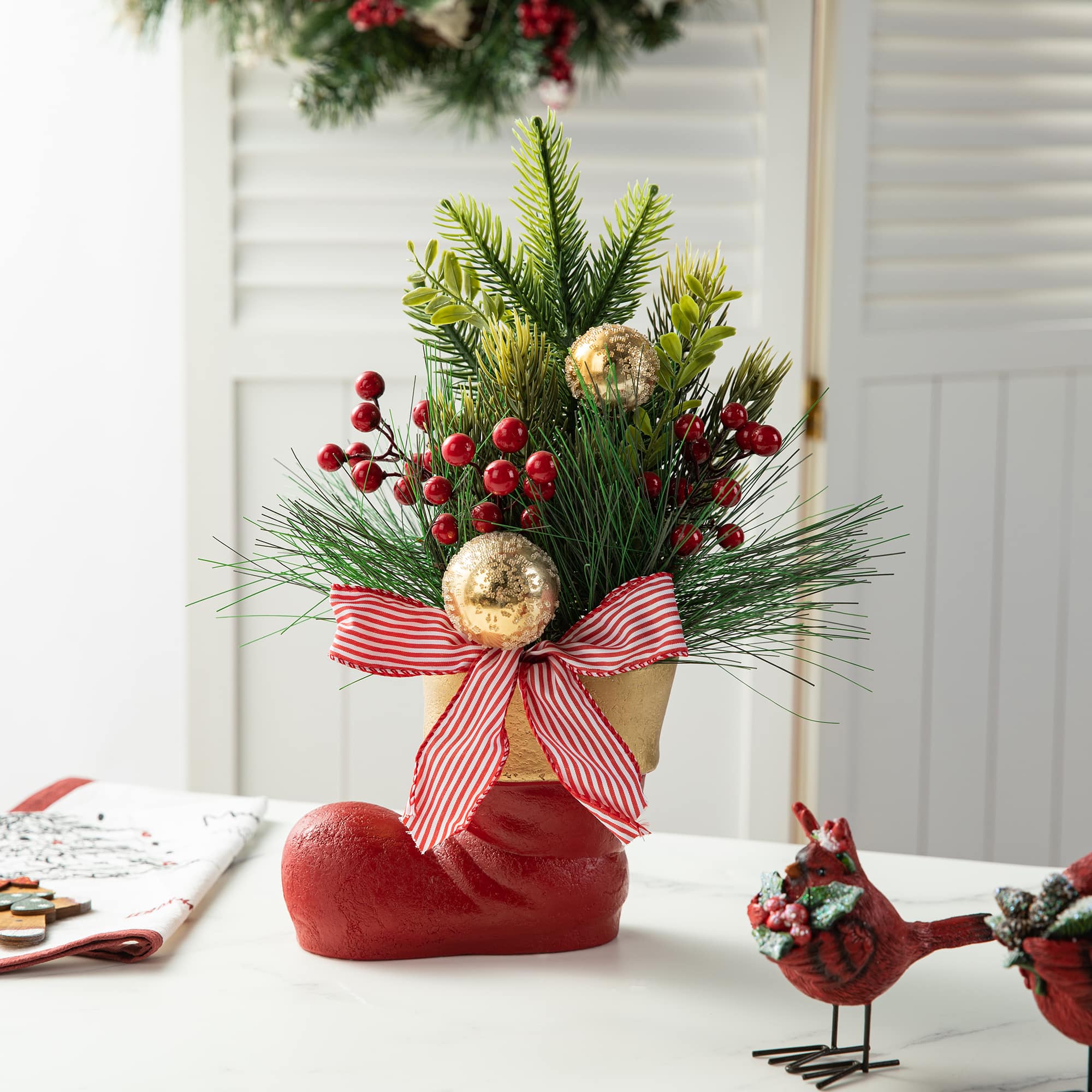 Glitzhome&#xAE; 14&#x22; Christmas Red Boot with Pine Needle &#x26; Berry Centerpiece