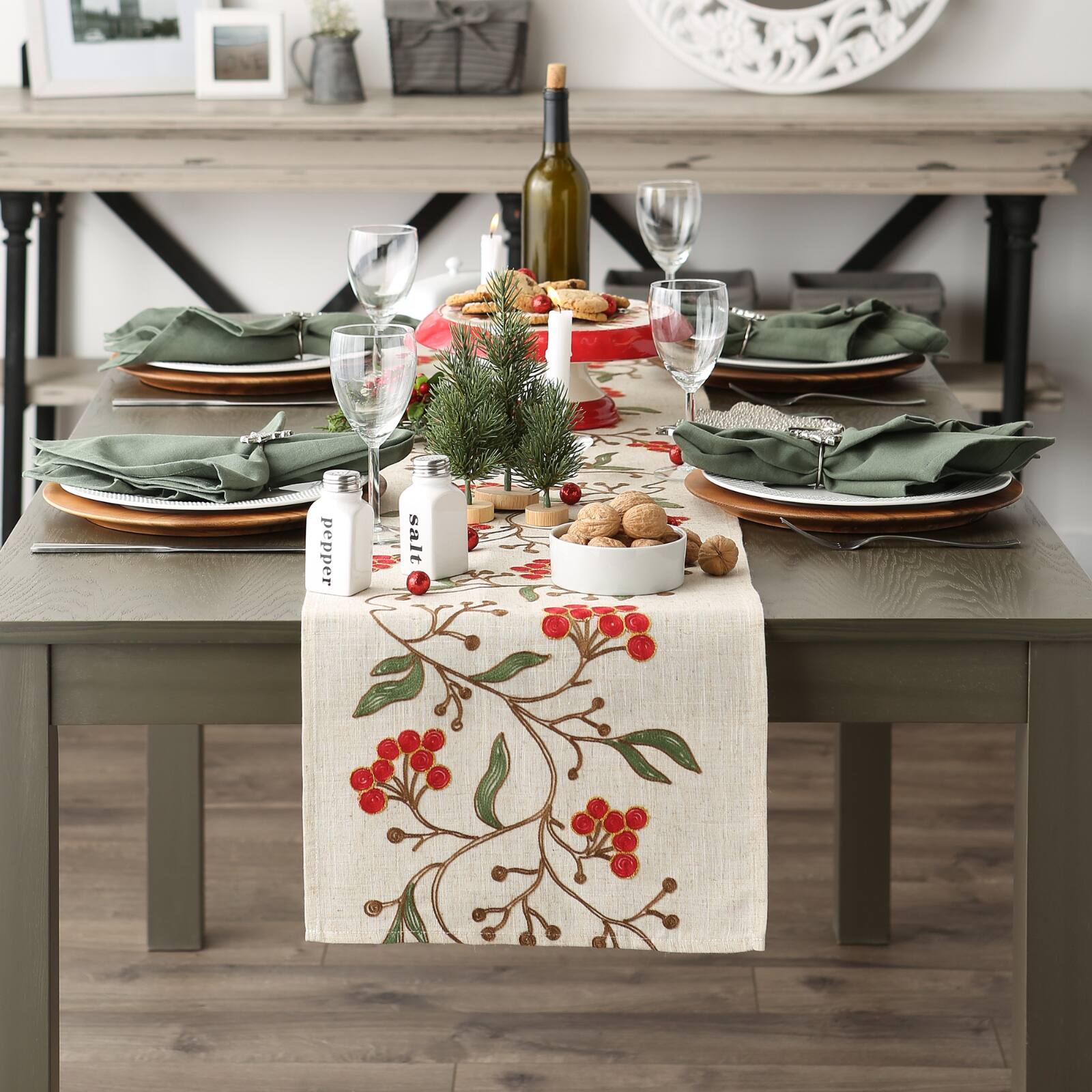 Winter Berries Embroidered Table Runner 14" x 70"