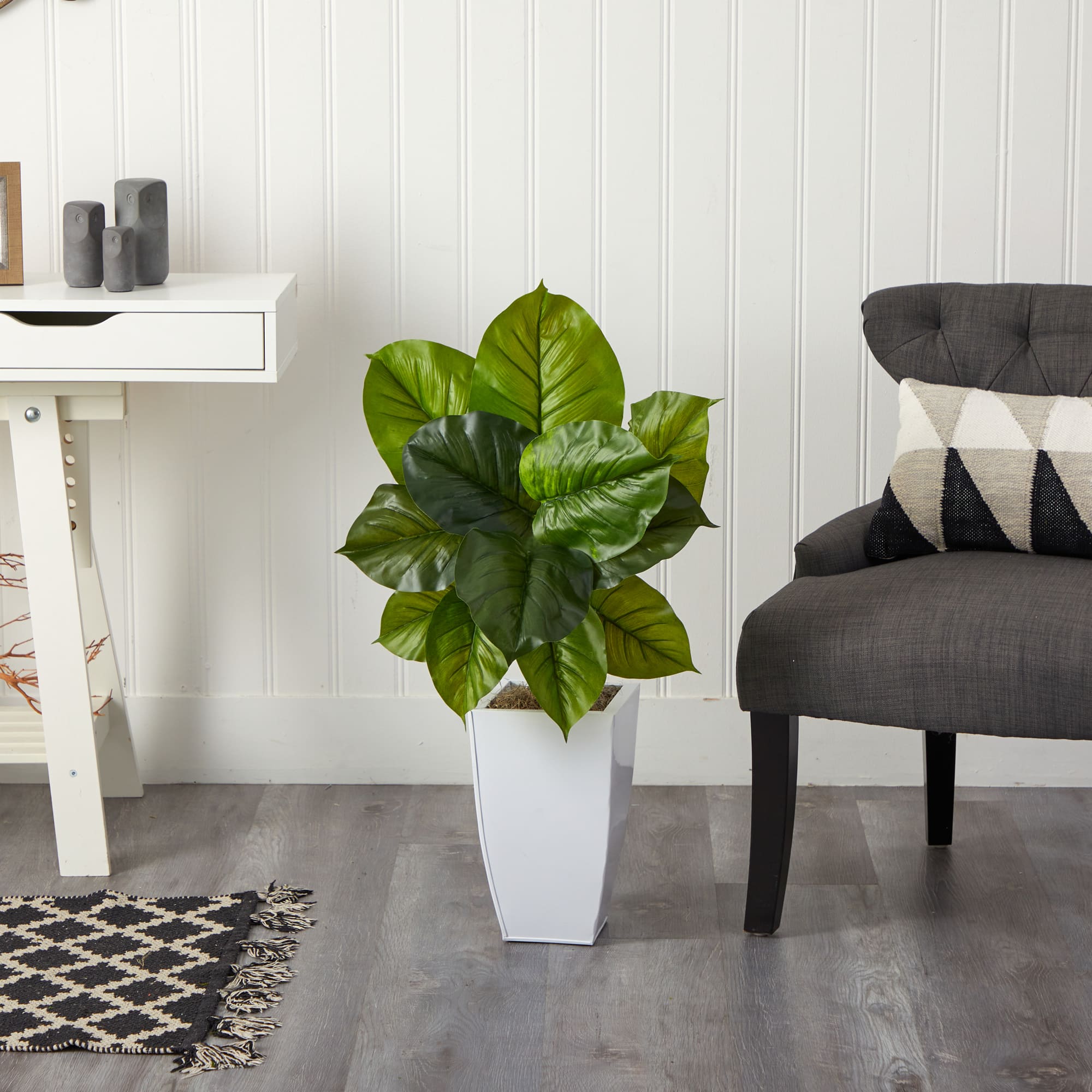 3ft. Large Philodendron Leaf Plant in White Metal Planter