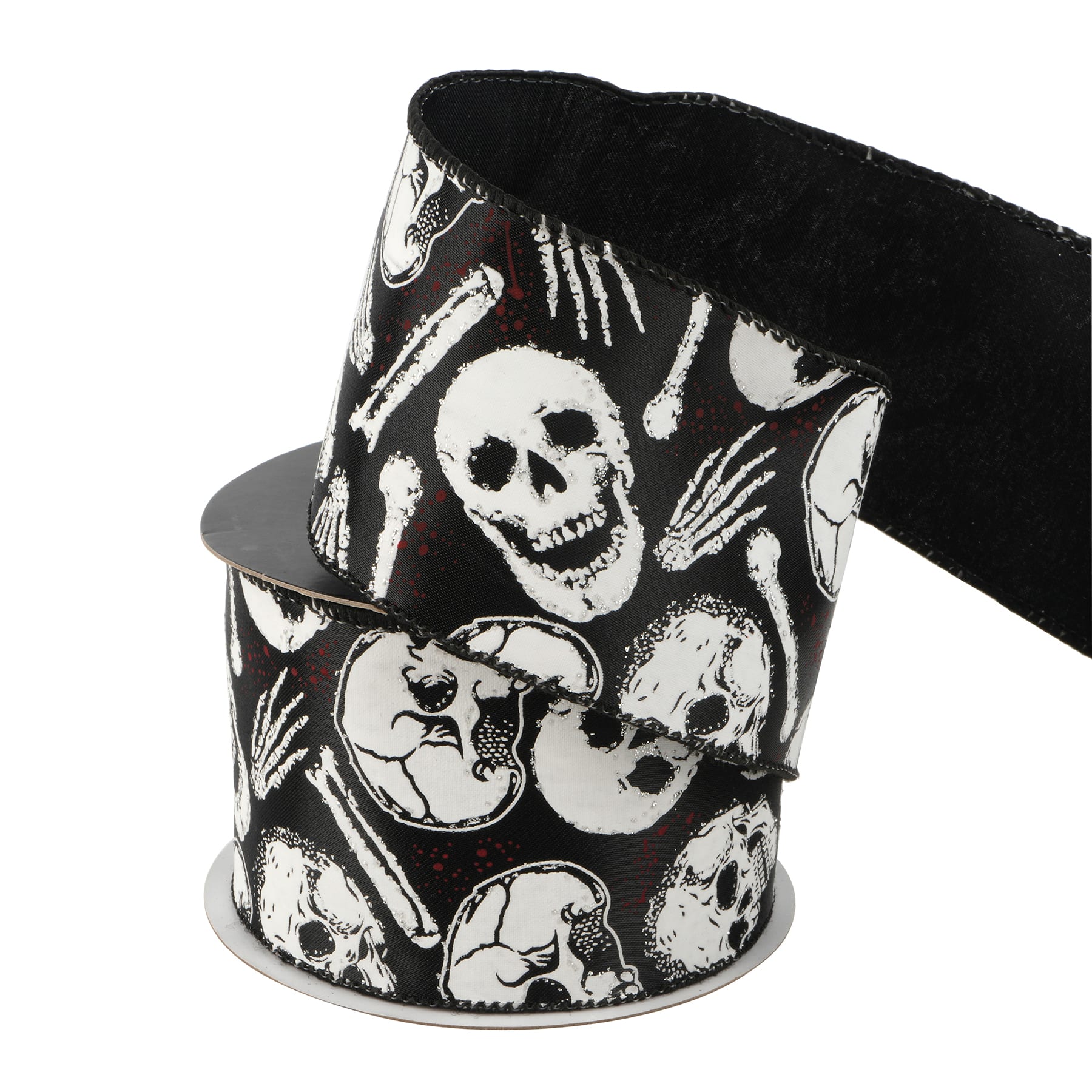 2.5&#x22; x 20ft. Black &#x26; White Wired Skeleton Head Ribbon by Celebrate It&#xAE; Halloween