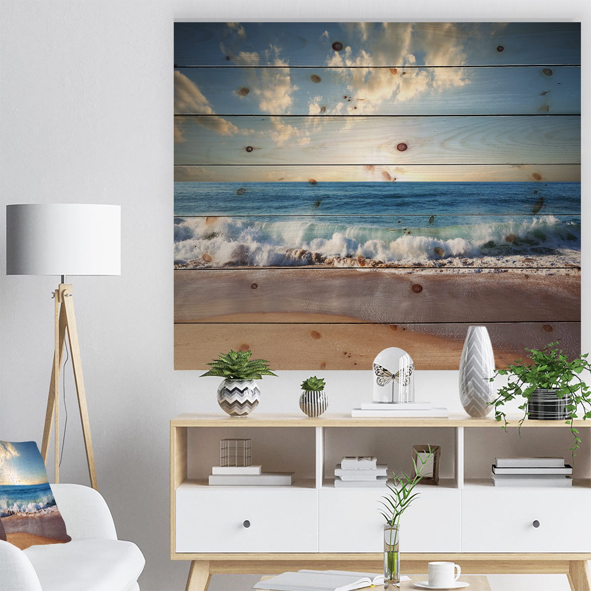 Designart - Sea Sunset - Seascape Photography Print on Natural Pine Wood
