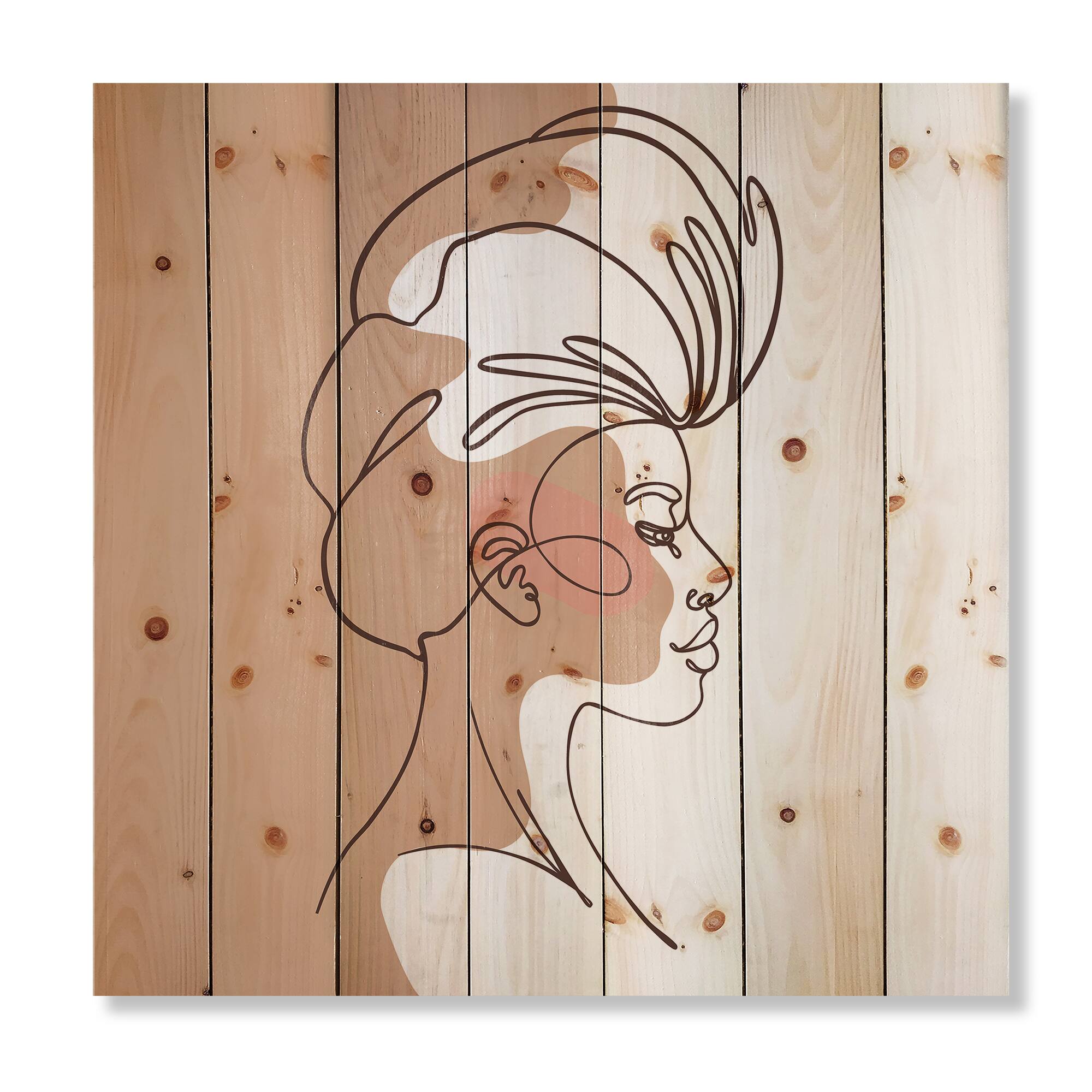 Designart - One Line Portrait of African American Woman II - Modern Print on Natural Pine Wood