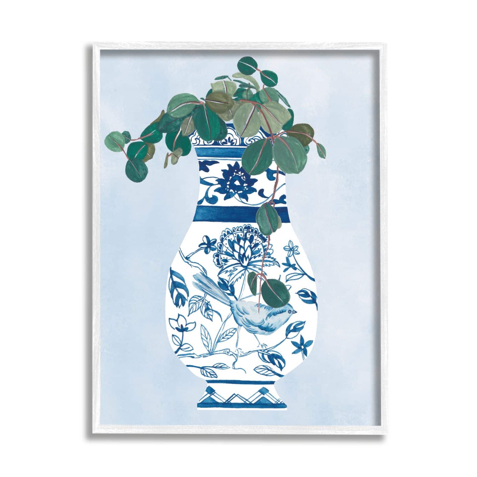 Stupell Industries Green Vine Plant Ornate Blue Bird Vase Framed Wall Art