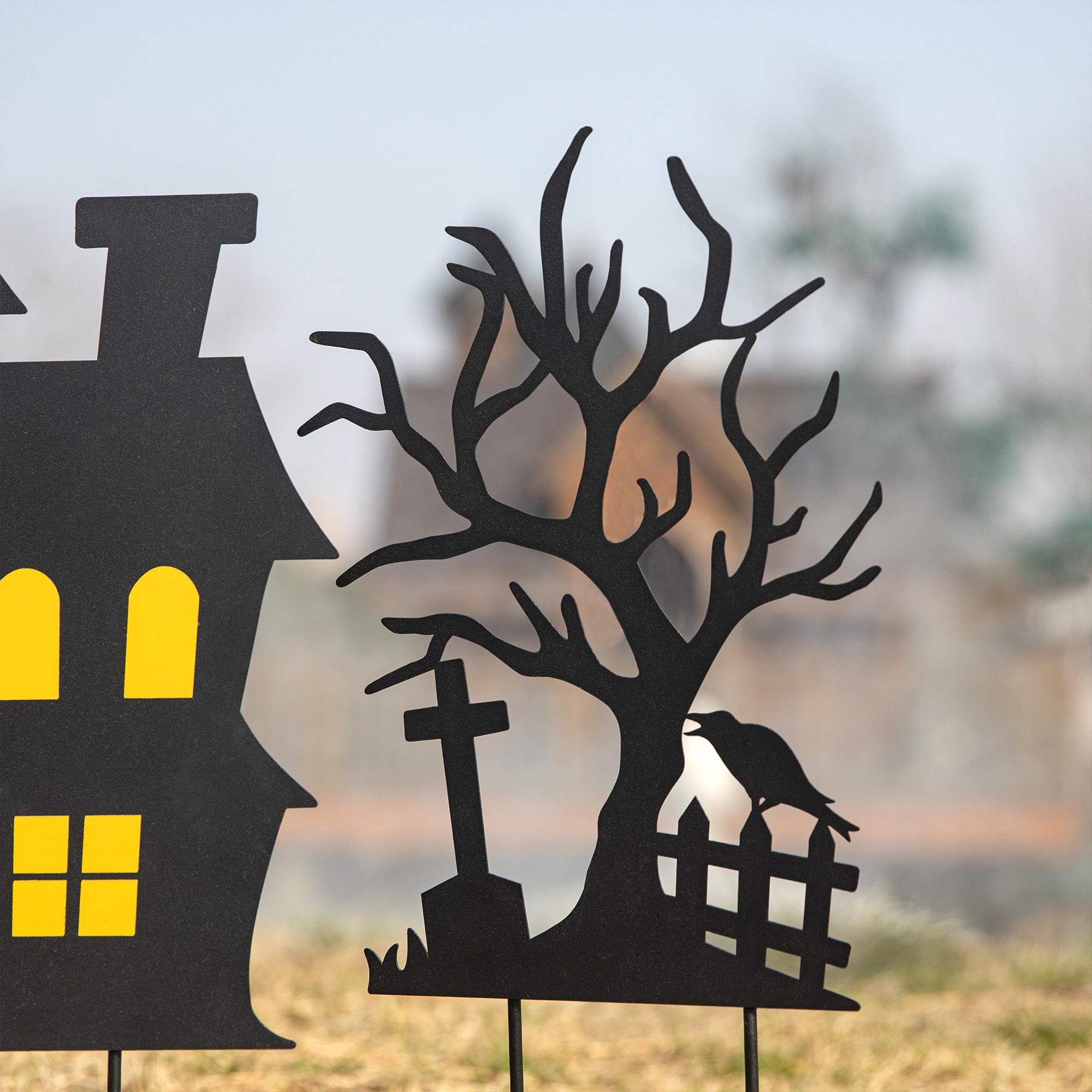 Glitzhome&#xAE; 2ft. Halloween Metal Silhouette Haunted House and Ghost Tree Yard Stake Set