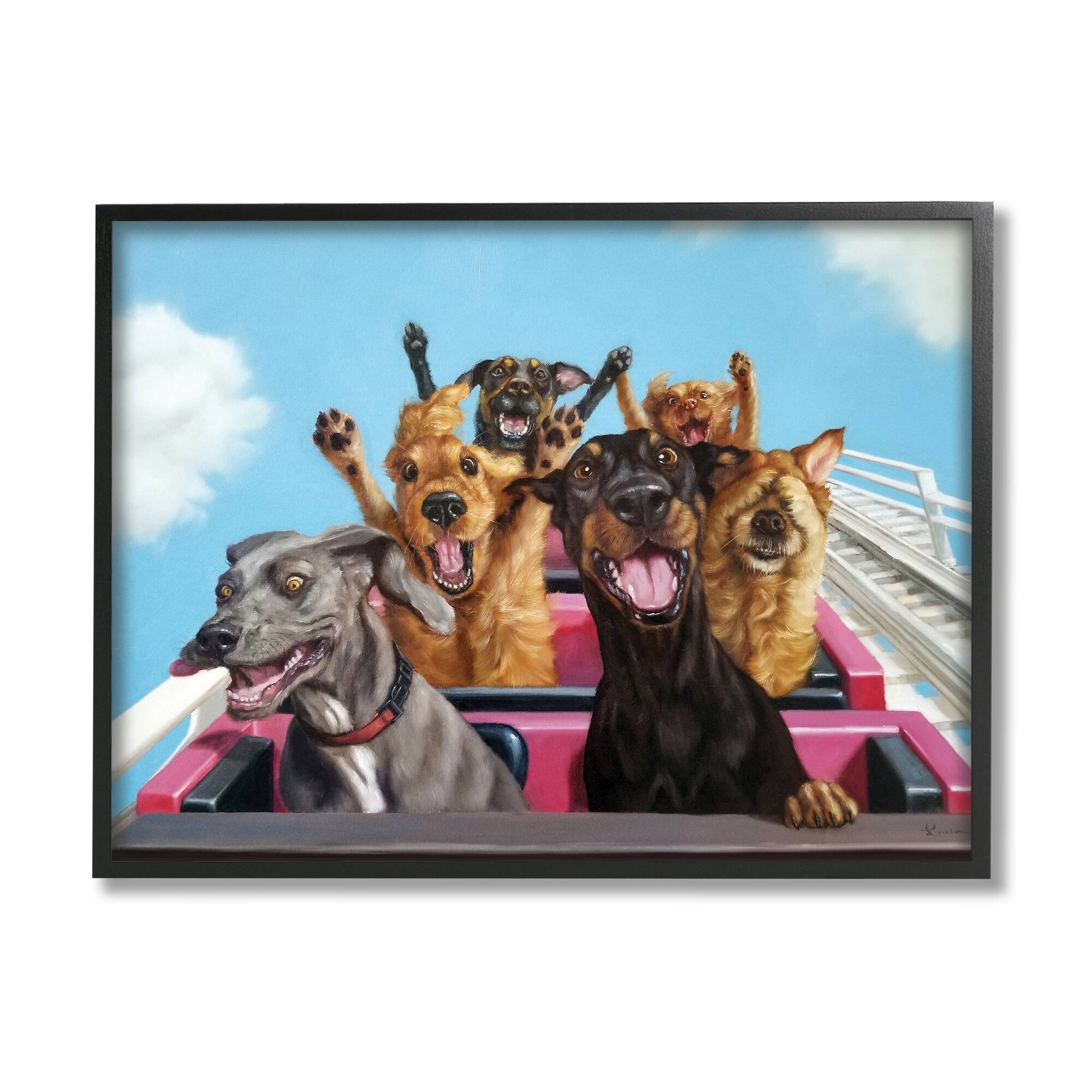Stupell Industries Dogs Riding Roller Coaster Funny Amusement Park in Black Frame Wall Art