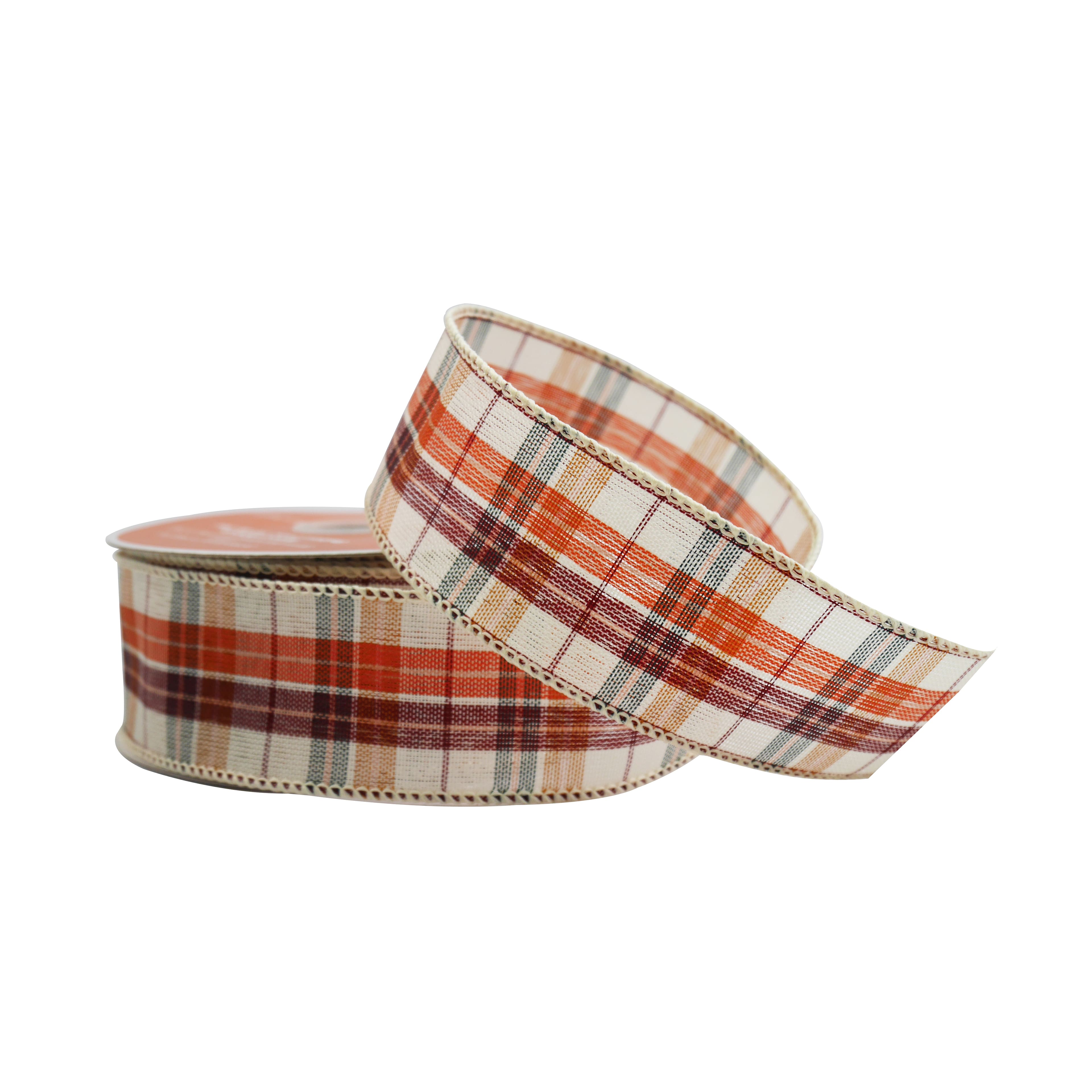 1.5&#x22; x 10yd. Orange &#x26; White Plaid Faux Linen Wired Ribbon by Celebrate It&#xAE; 