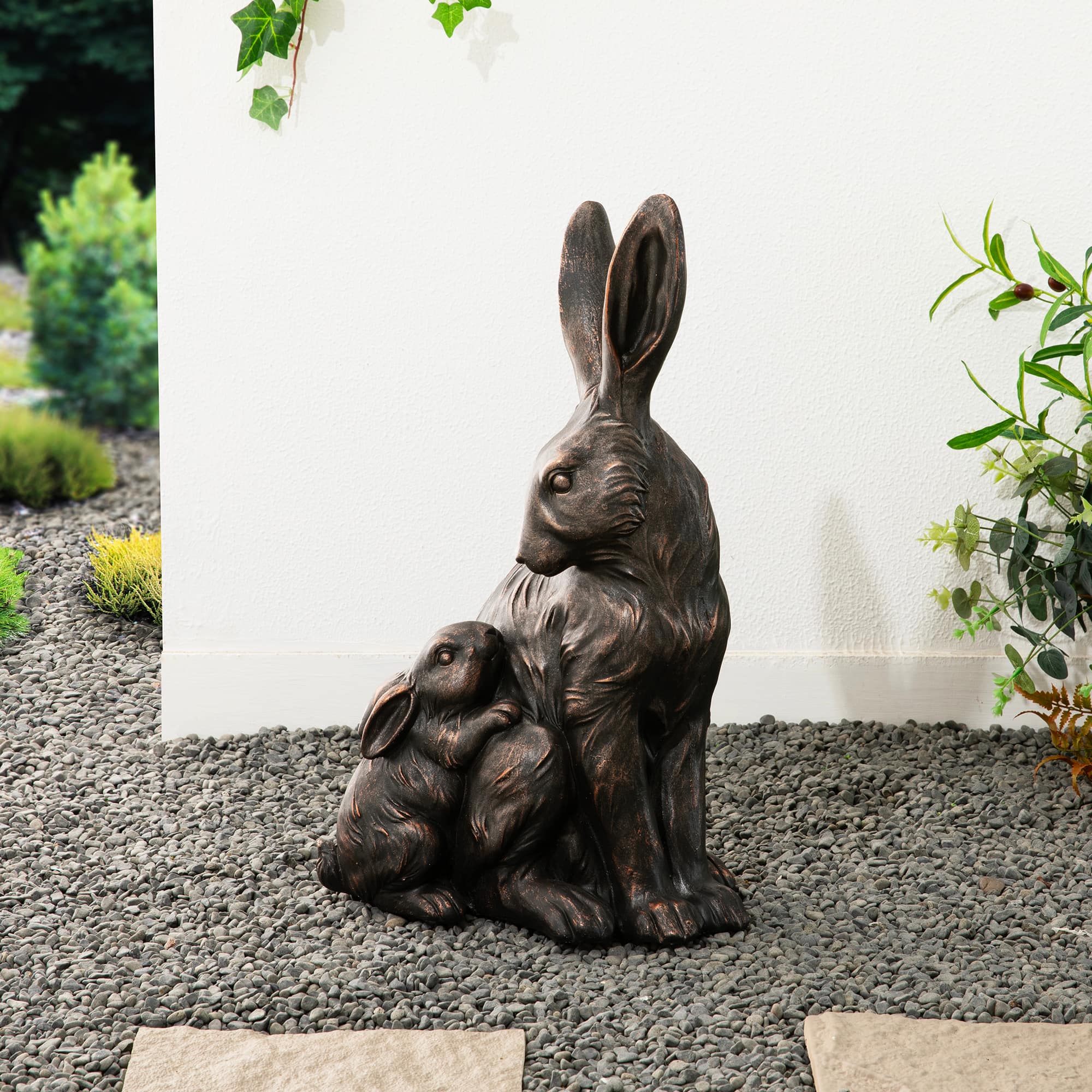 Glitzhome® 21.25" MGO Bronze Mom and Baby Rabbit Statue