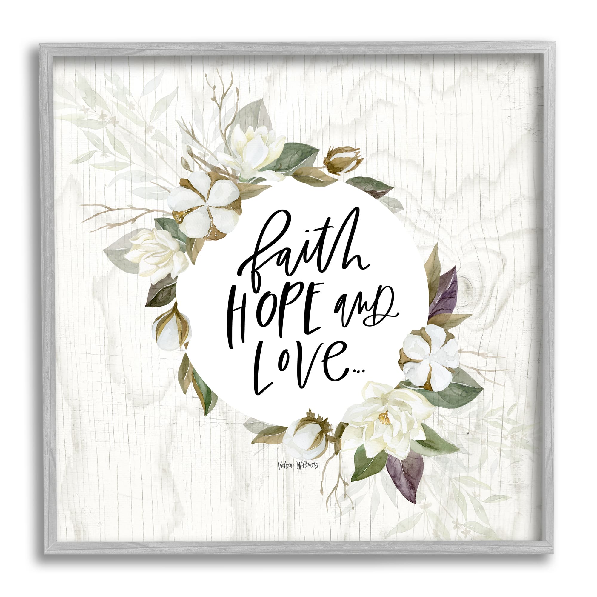 Stupell Industries Faith Hope and Love Sentiment Floral Cotton Wreath Framed Wall Art