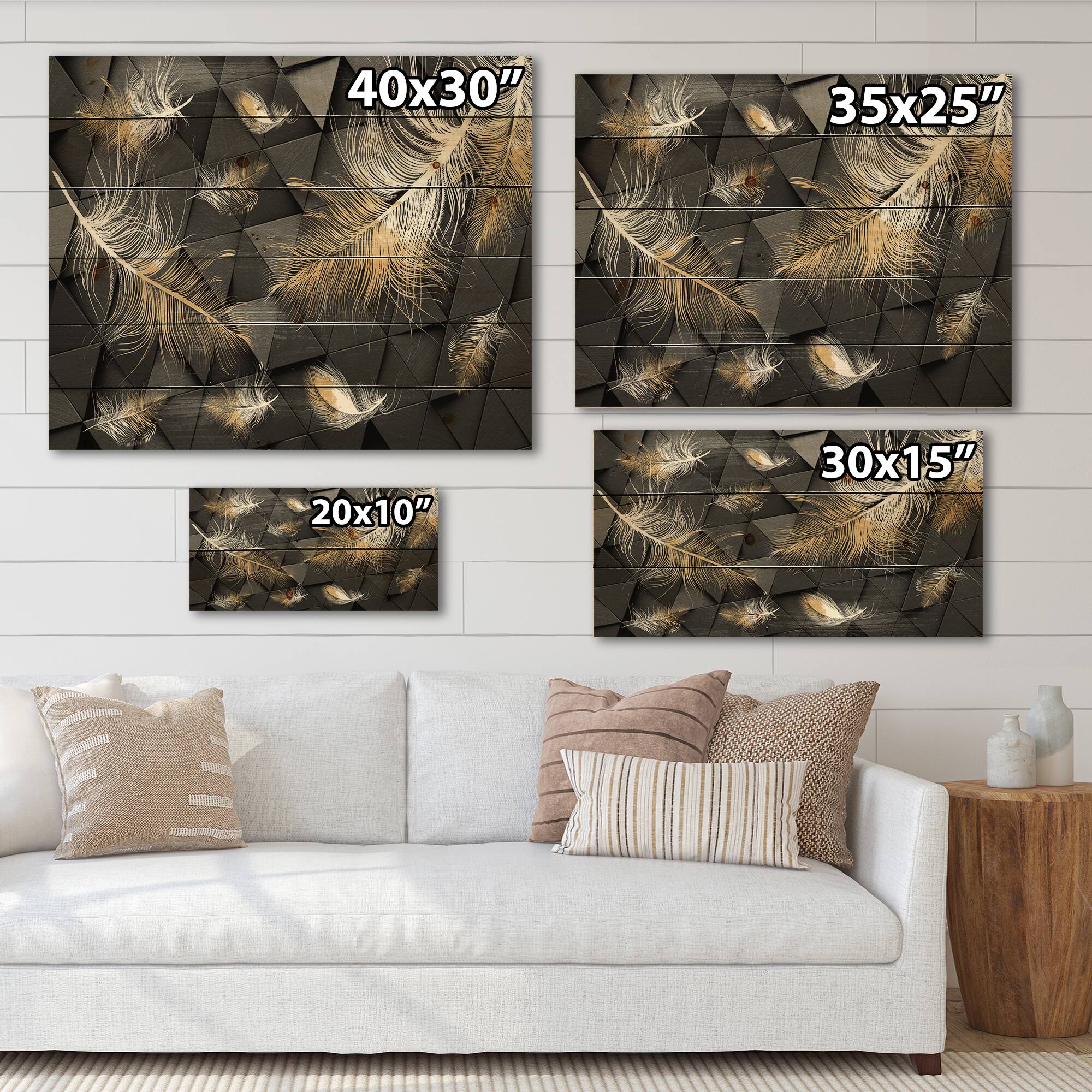 Designart - White and Gold Feathers On Triangular - Modern Print on Natural Pine Wood