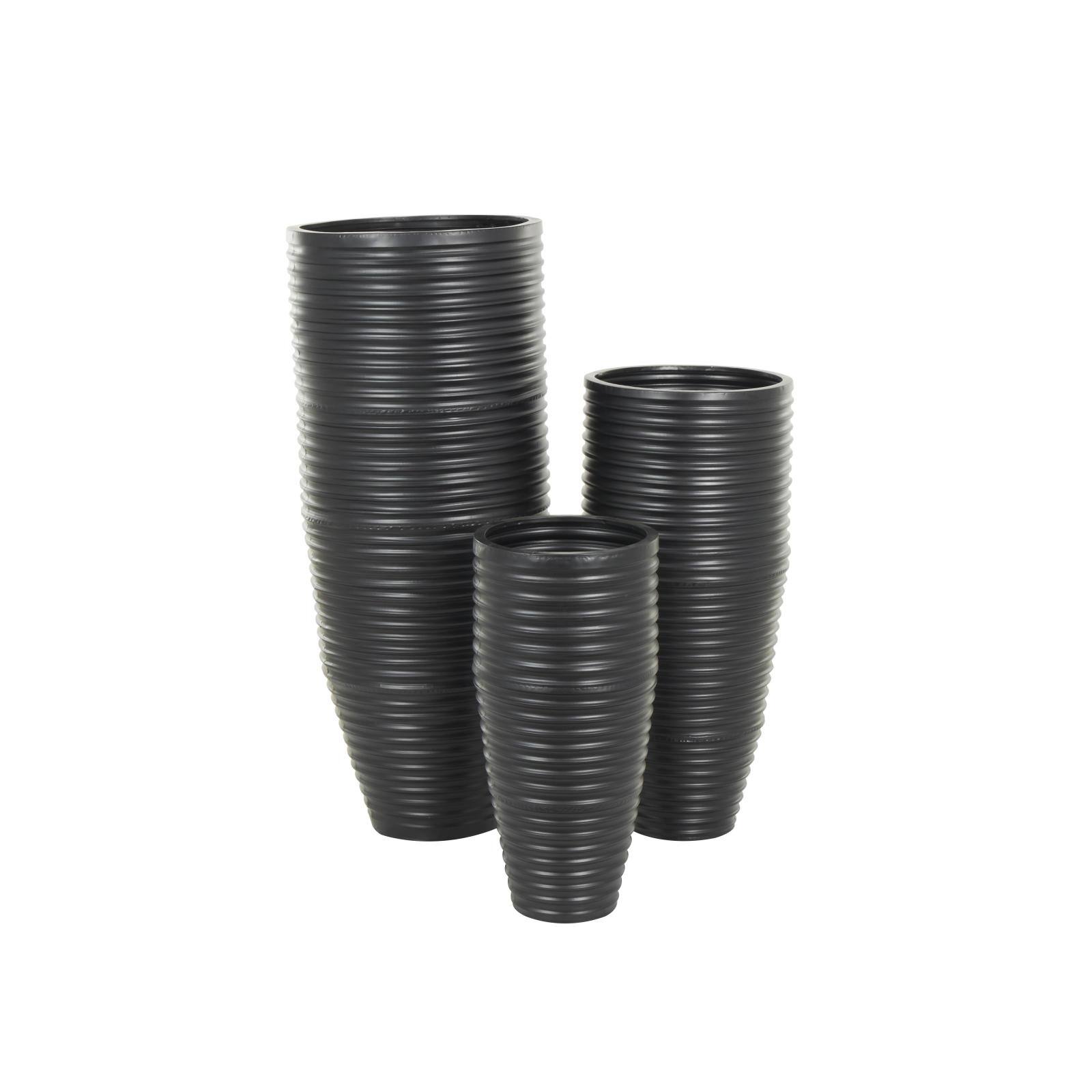Black Ribbed Floor Metal Vase Set with Horizontal Grooves