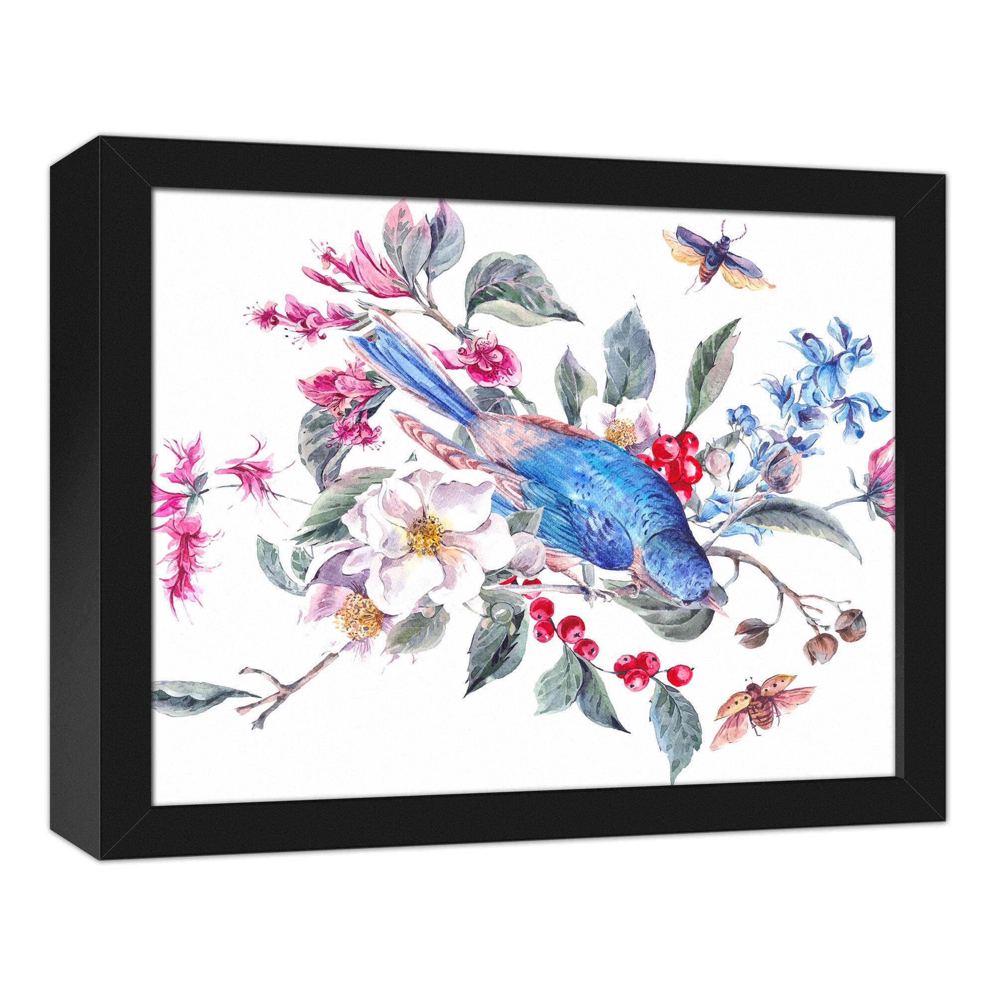 Floral Bird on Branch 11" x 14" Black Framed Canvas