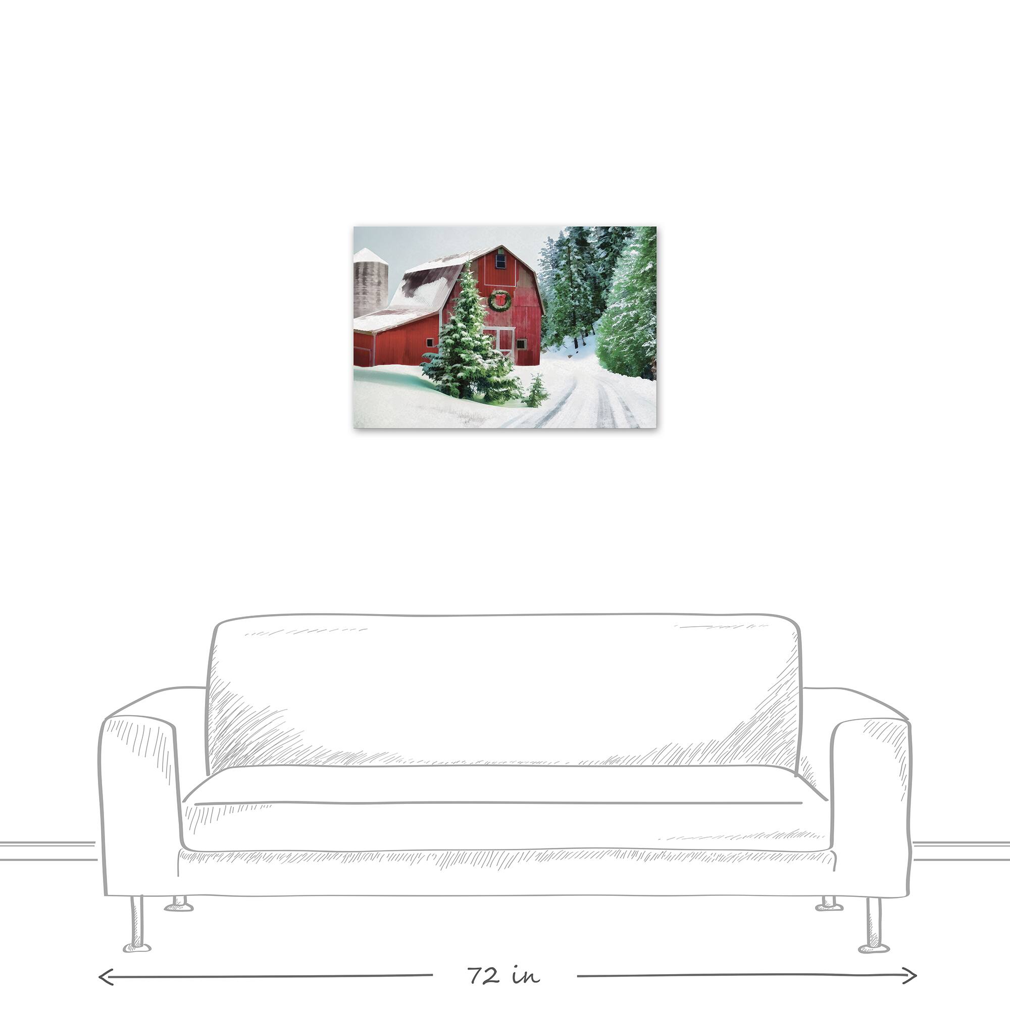 Painted, Snowy Red Barn 30x20 Canvas Wall Art