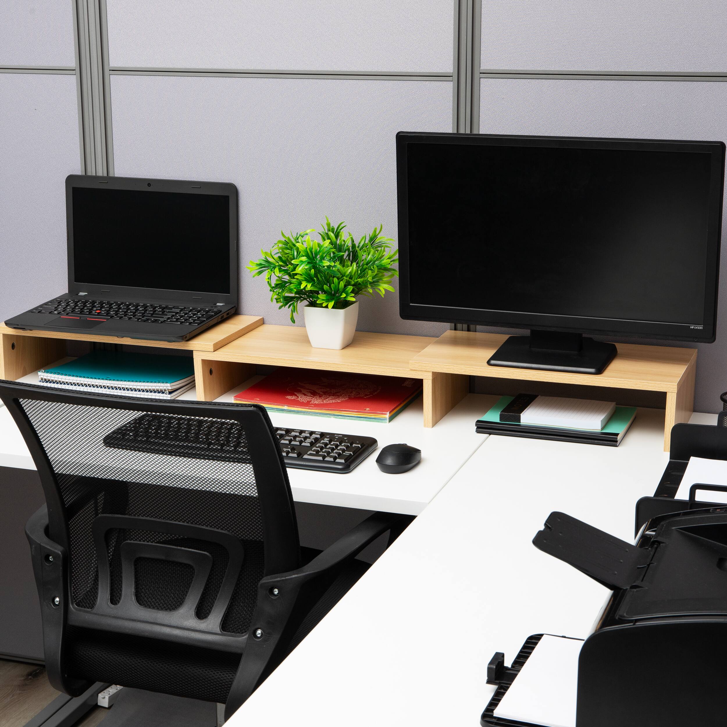 Mind Reader Dual Monitor Stand, Laptop Riser, Desktop Organizer, Office, MDF, Brown