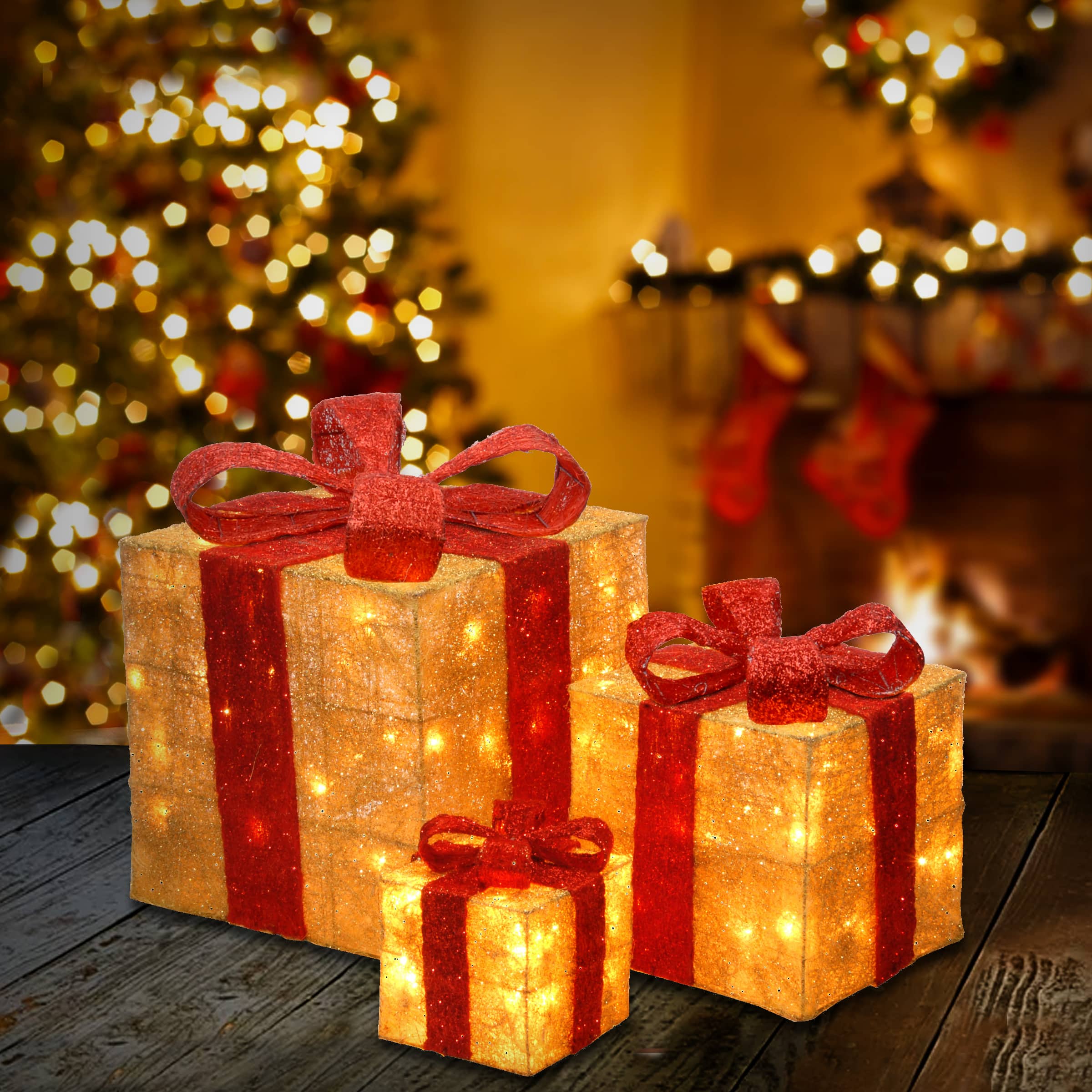 Set of 3 Gold Gift Boxes, Clear Lights