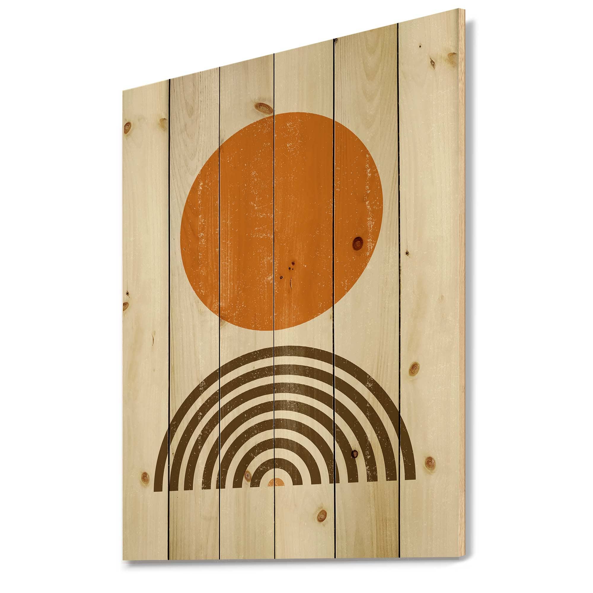 Designart - Abstract Minimal Orange Sun and Rainbow I - Modern Print on Natural Pine Wood