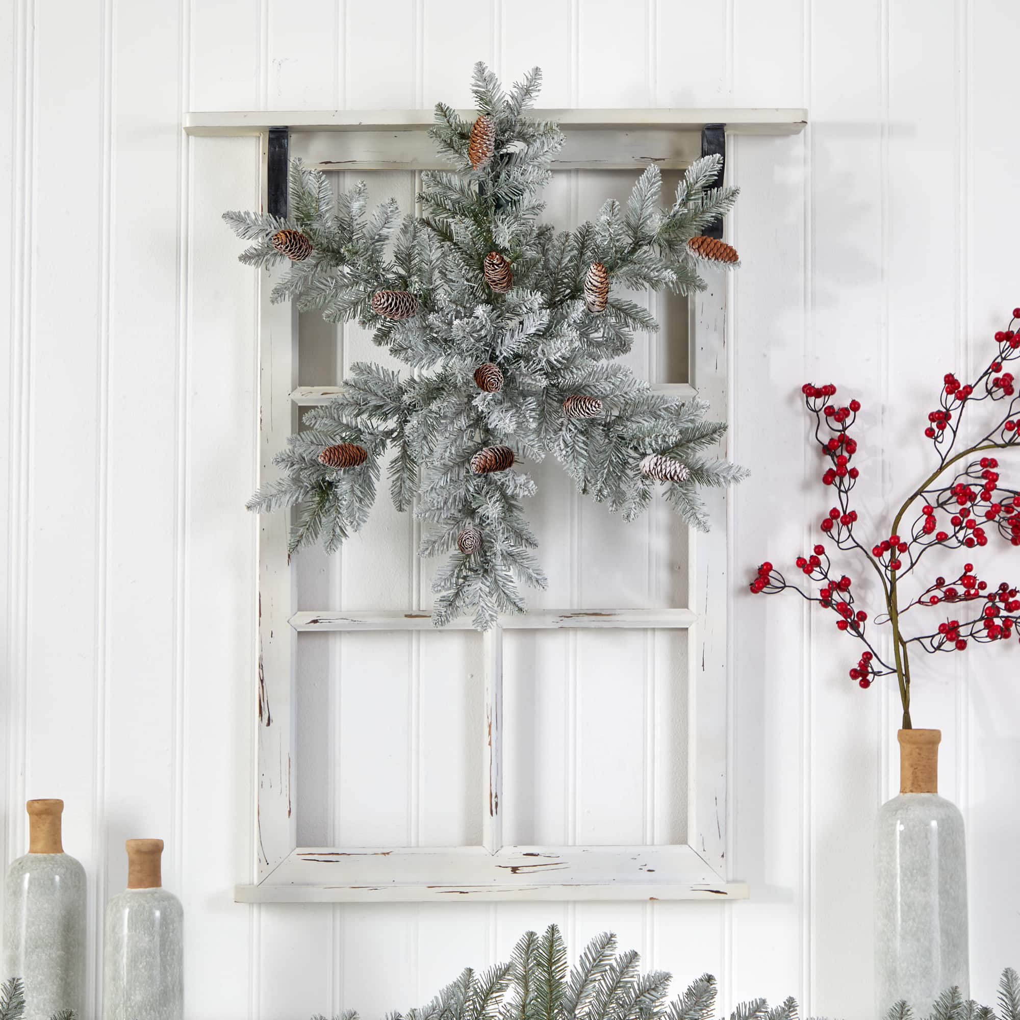 30&#x22; Pre-Lit Flocked Snowflake Artificial Dunhill Fir Wreath With Pinecones