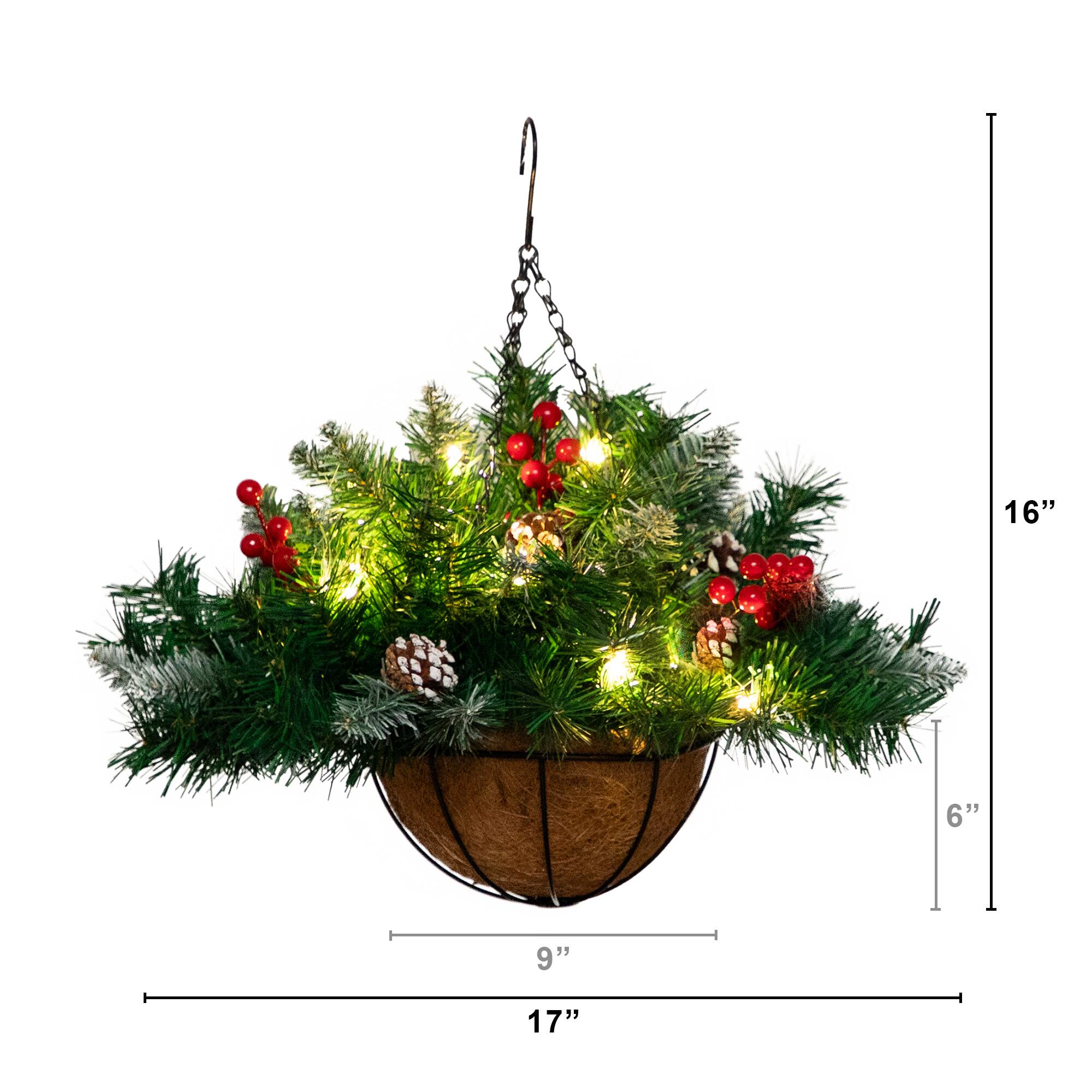 16" Artificial Pine & Berry Warm White LED Pre-Lit Hanging Basket
