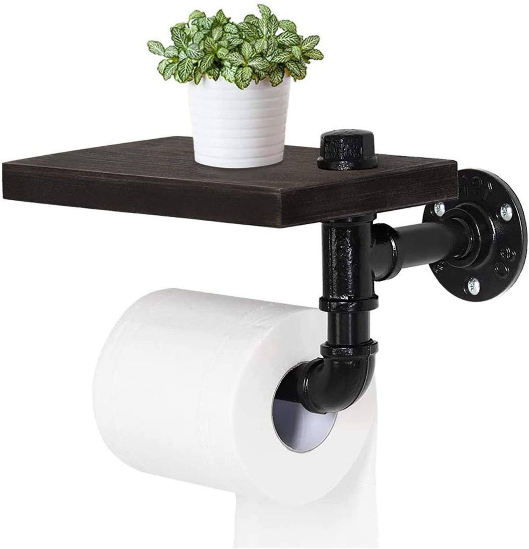 Black Wall Mounted Toilet Paper Holder with Rustic Wooden Shelf
