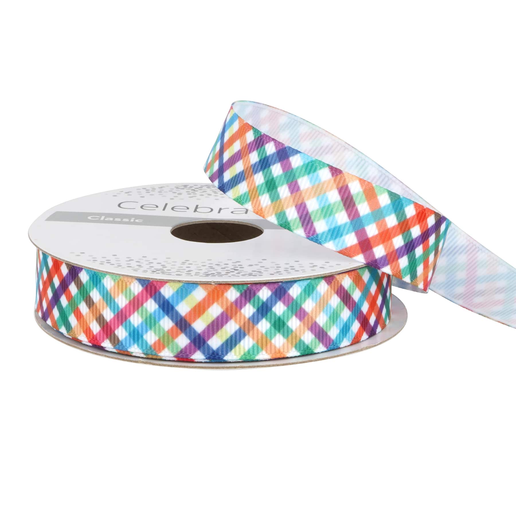 12 Pack: 5/8'' x 7yd. Rainbow Plaid Ribbon by Celebrate It®