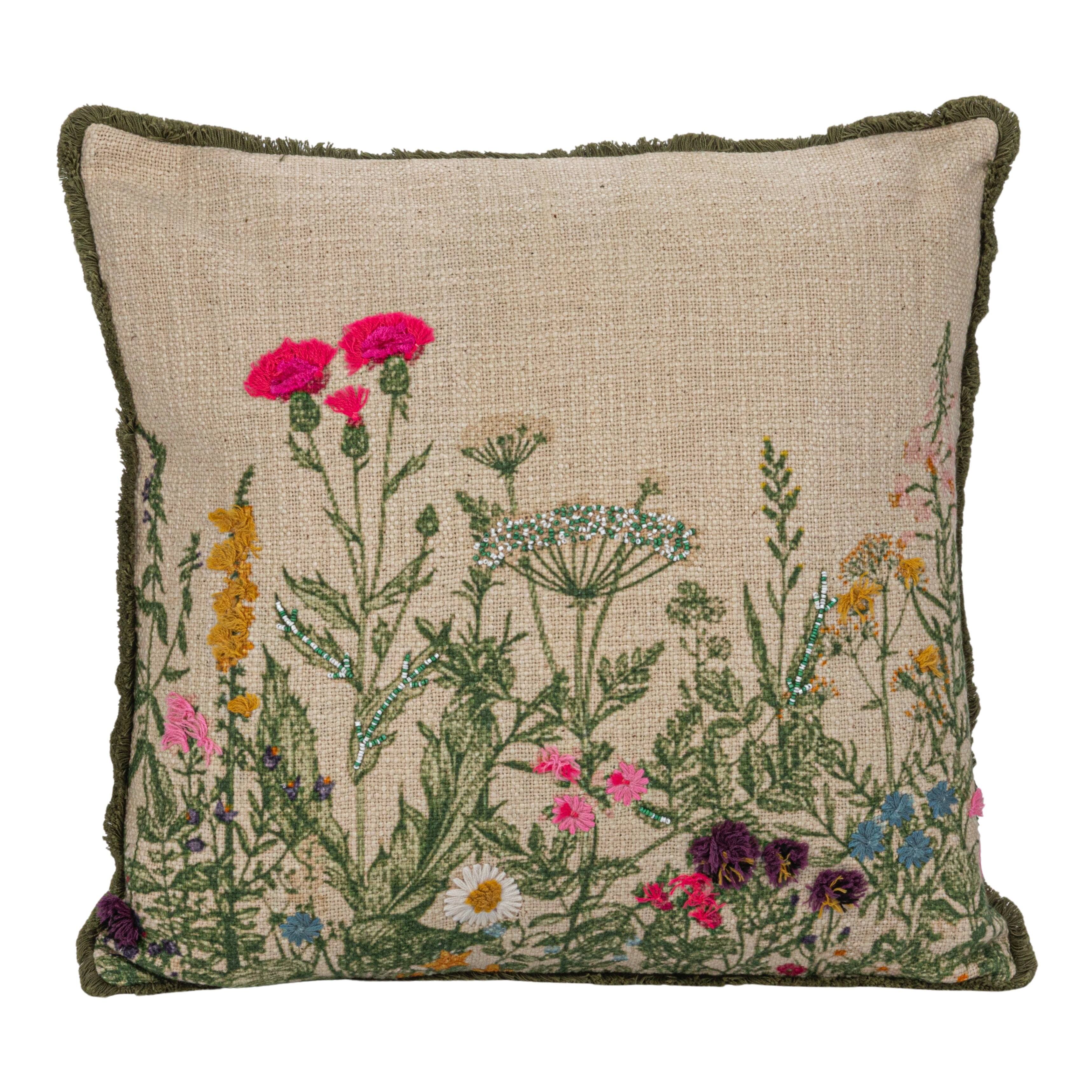 Hello Honey&#xAE; 18&#x22; Multicolor Flower Embroidery, Beads &#x26; Lace Trim Cotton Slub Pillow