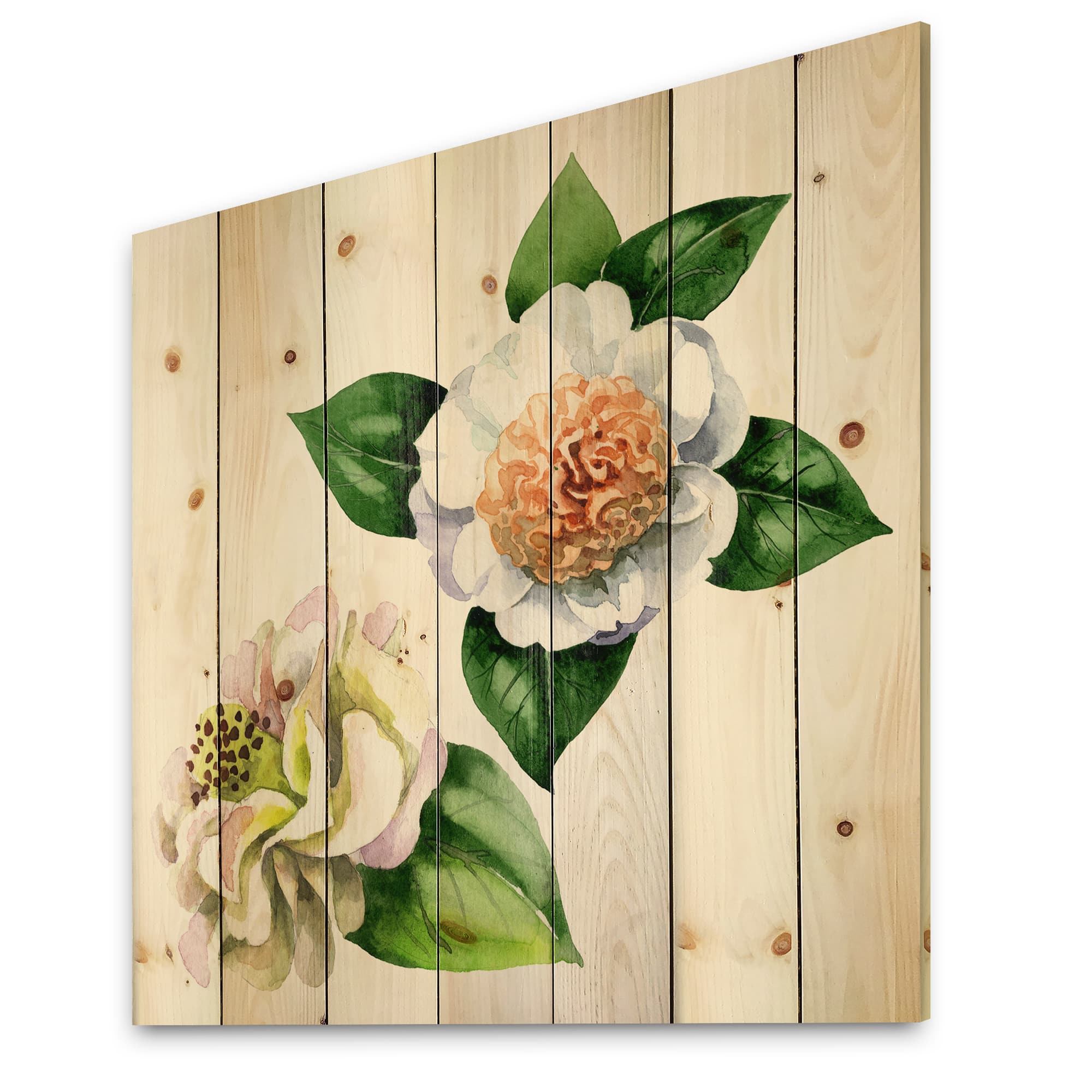 Designart - Vintage White Camellia Flowers With Green Leaves - Traditional Print on Natural Pine Wood