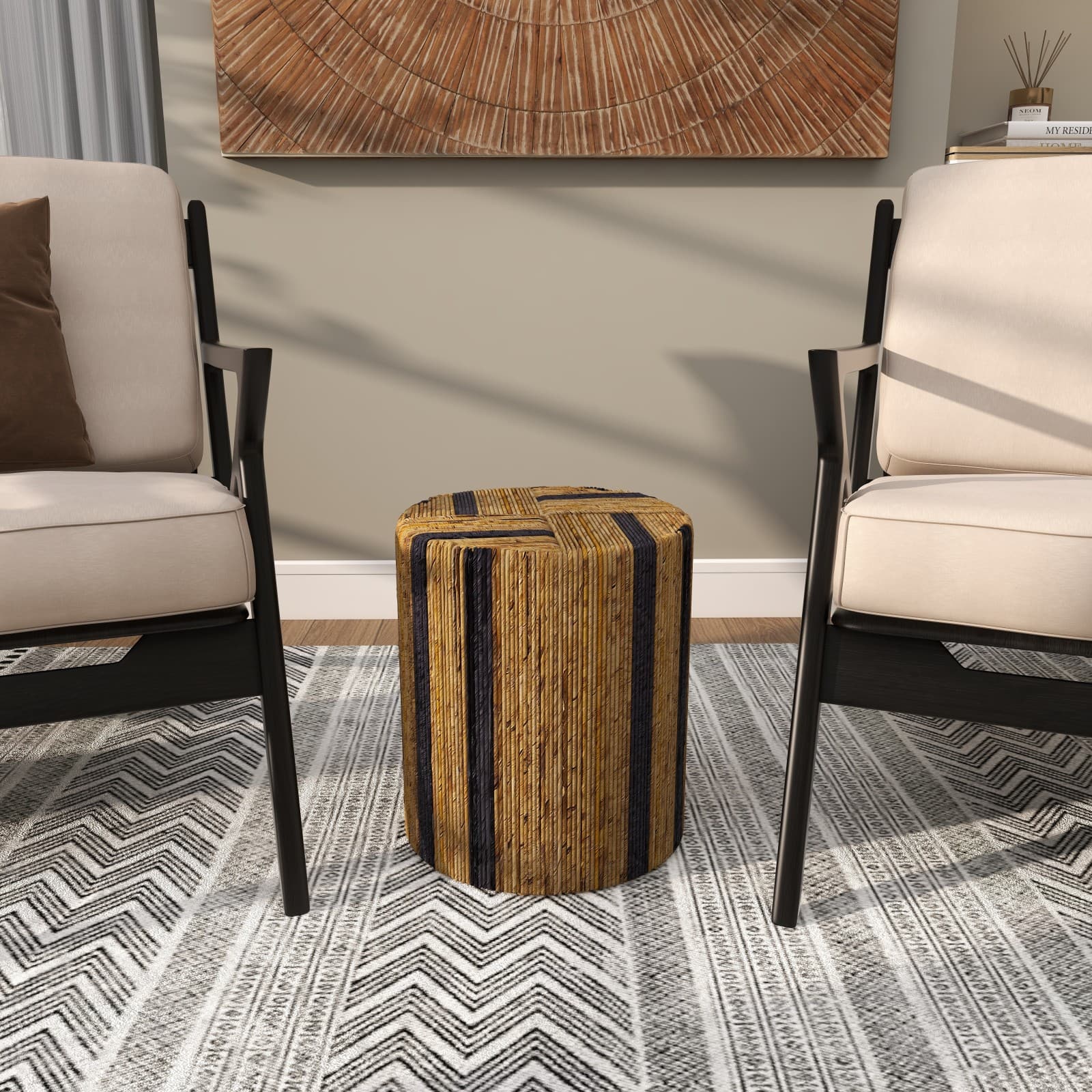 Brown Banana Leaf Handmade Linear Wrapped Accent Table with Navy Stripes