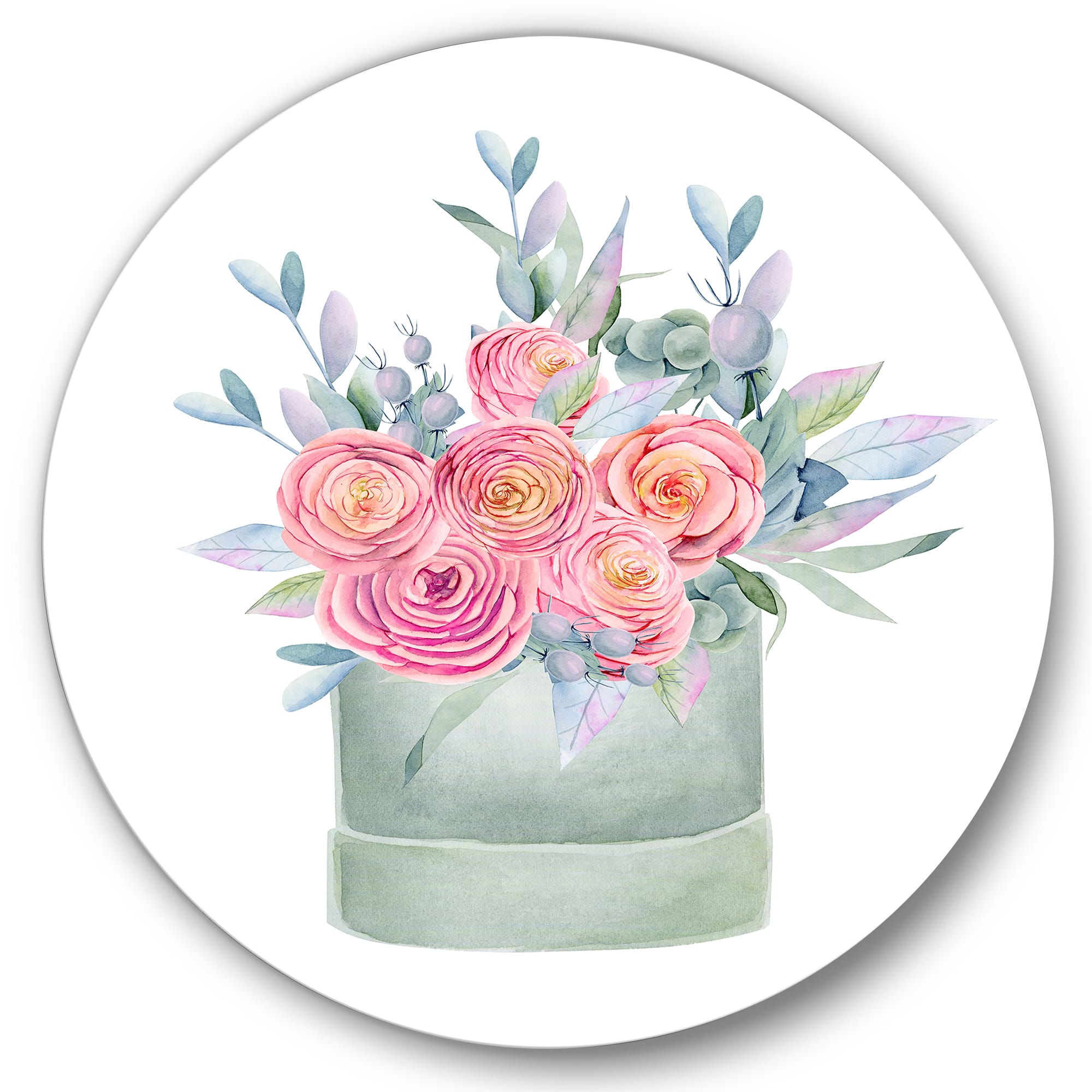 Designart - Gift Box With Pink Roses - Farmhouse Metal Circle Wall Art