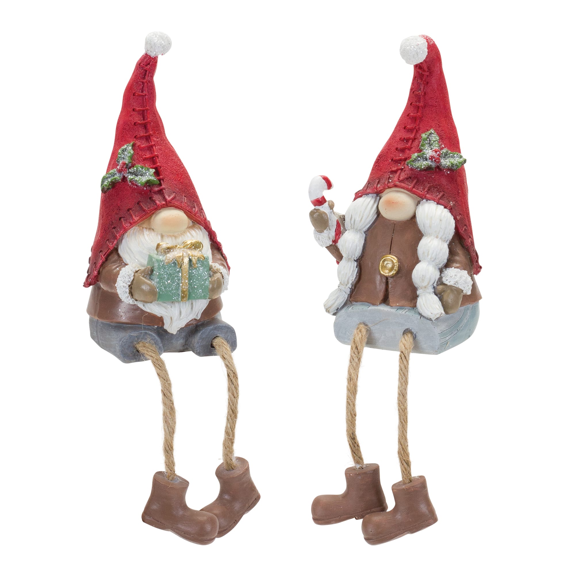Festive Gnome with Candy Cane & Present Shelf Sitters Set, 8.25" & 8"