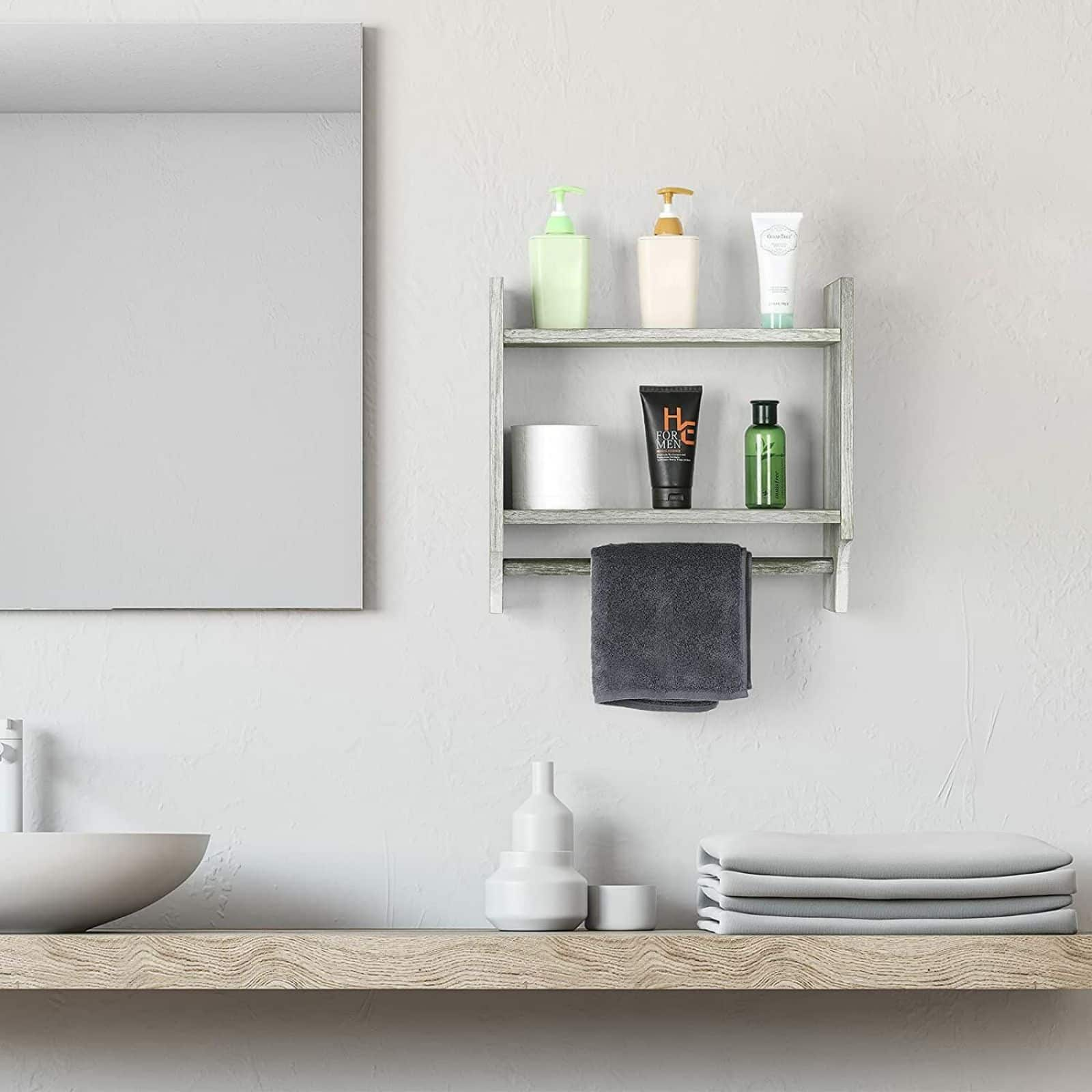 2-Tier Wood Wall Mounted Bathroom Shelf with Towel Rack