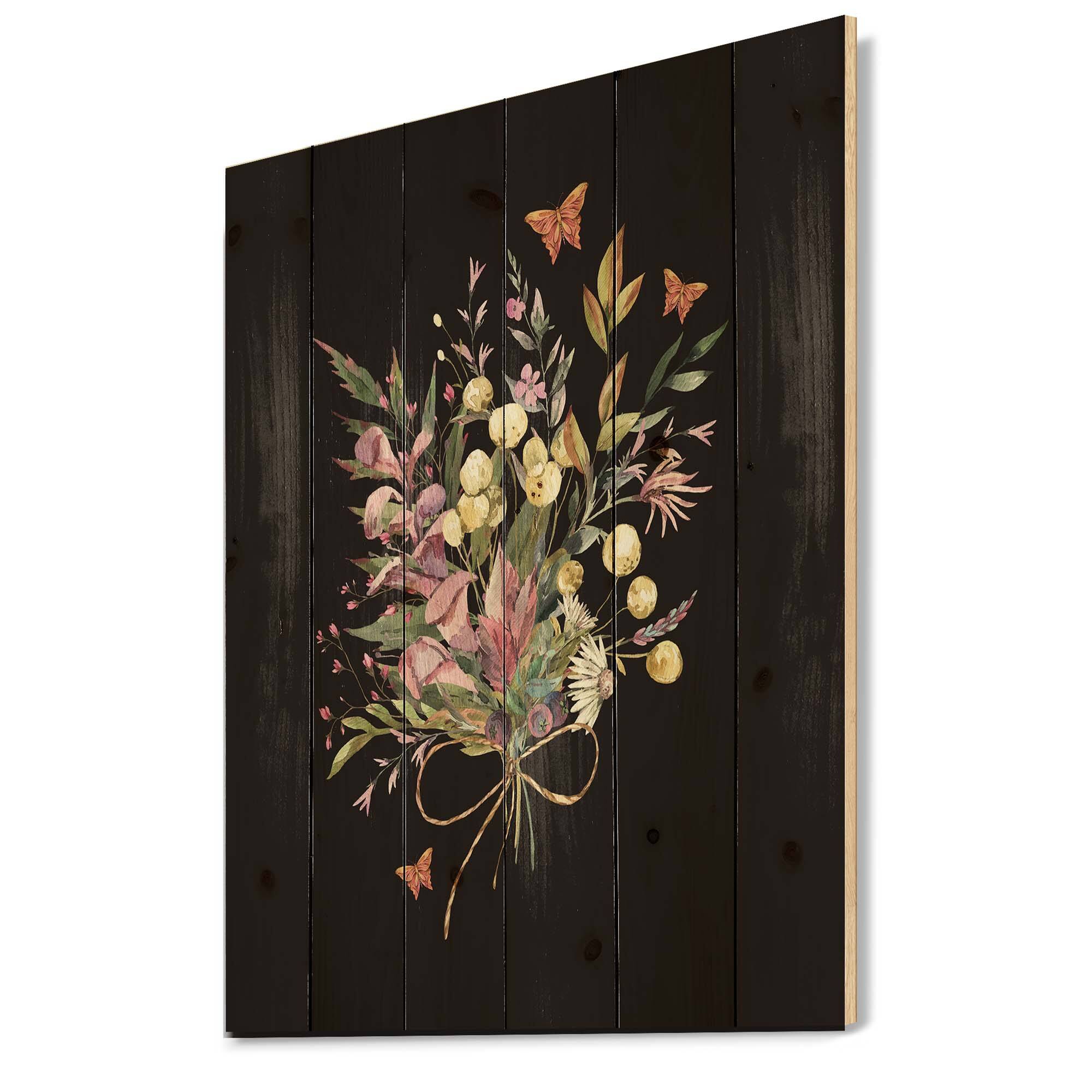 Designart - Vintage Floral Summer Wildflowers Arrangement - Traditional Print on Natural Pine Wood