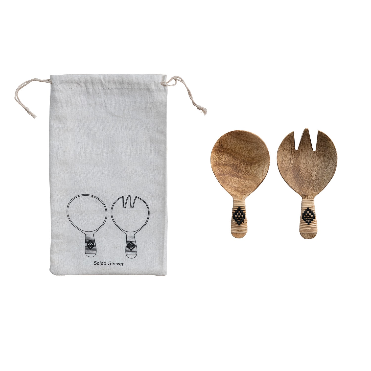 7&#x22; Mango Wood Salad Servers with Bamboo Wrapped Handles &#x26; Printed Drawstring Bag