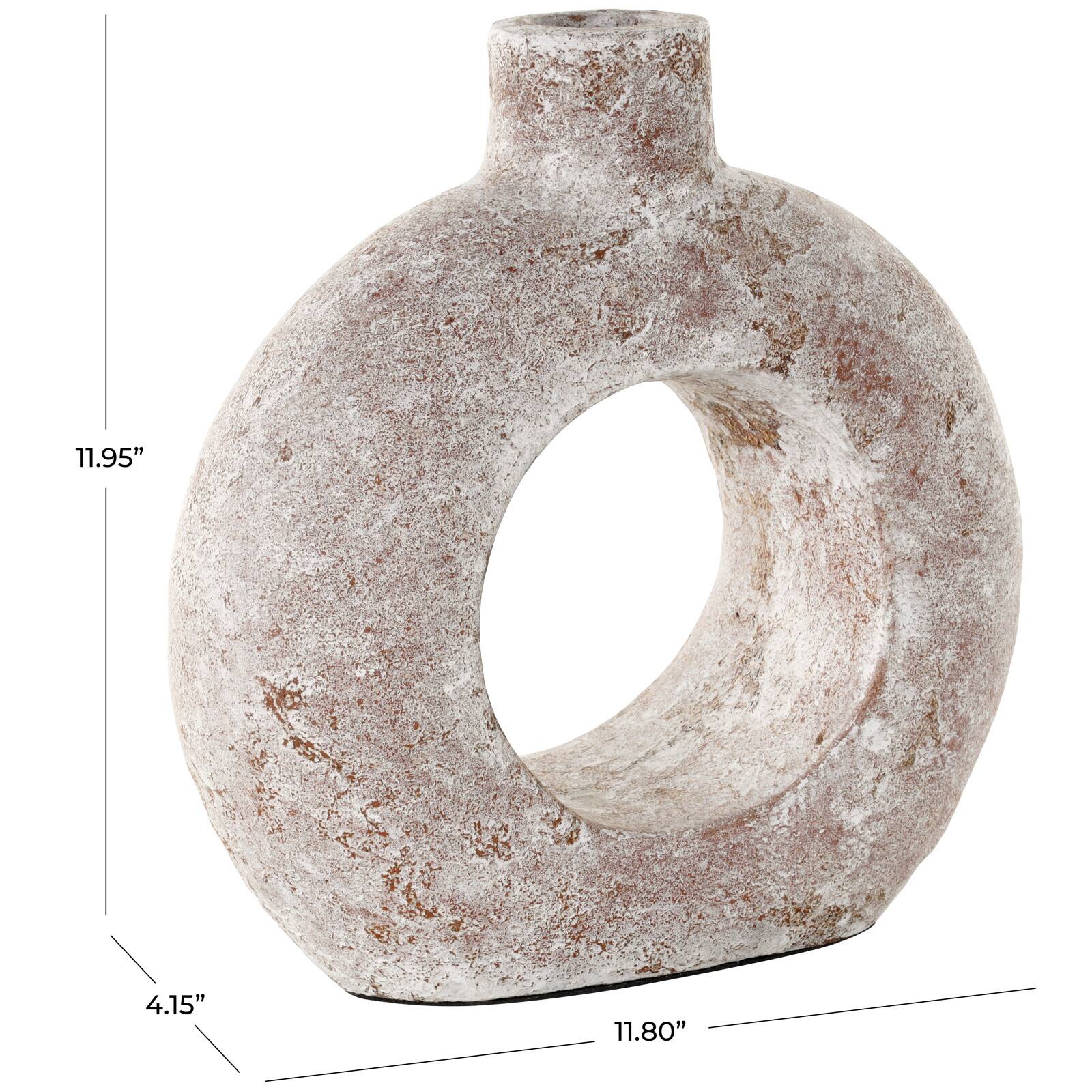 12" Cream Ceramic Textured Circle Donut Vase