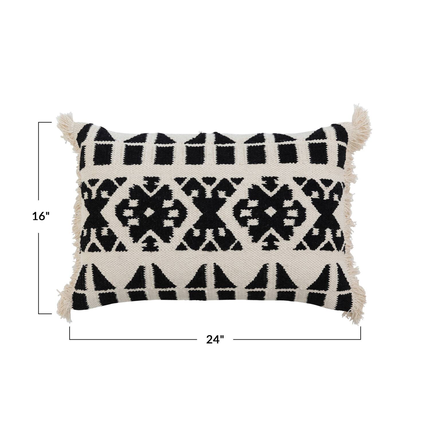 Hello Honey® Black and White Handwoven Cotton Kilim Lumbar Pillow Cover with Pattern and Fringe
