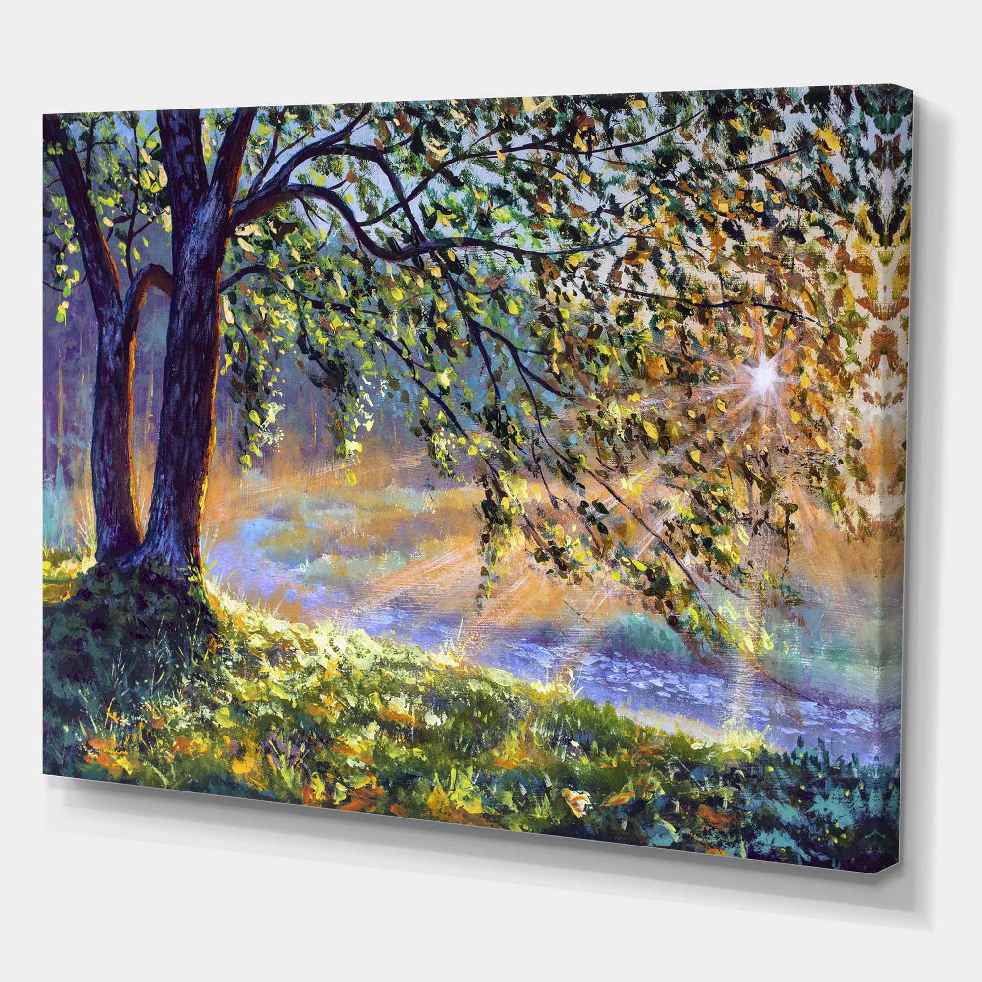 Designart - Tree By River First Rays Of Afternoon Sun - Farmhouse Canvas Wall Art Print