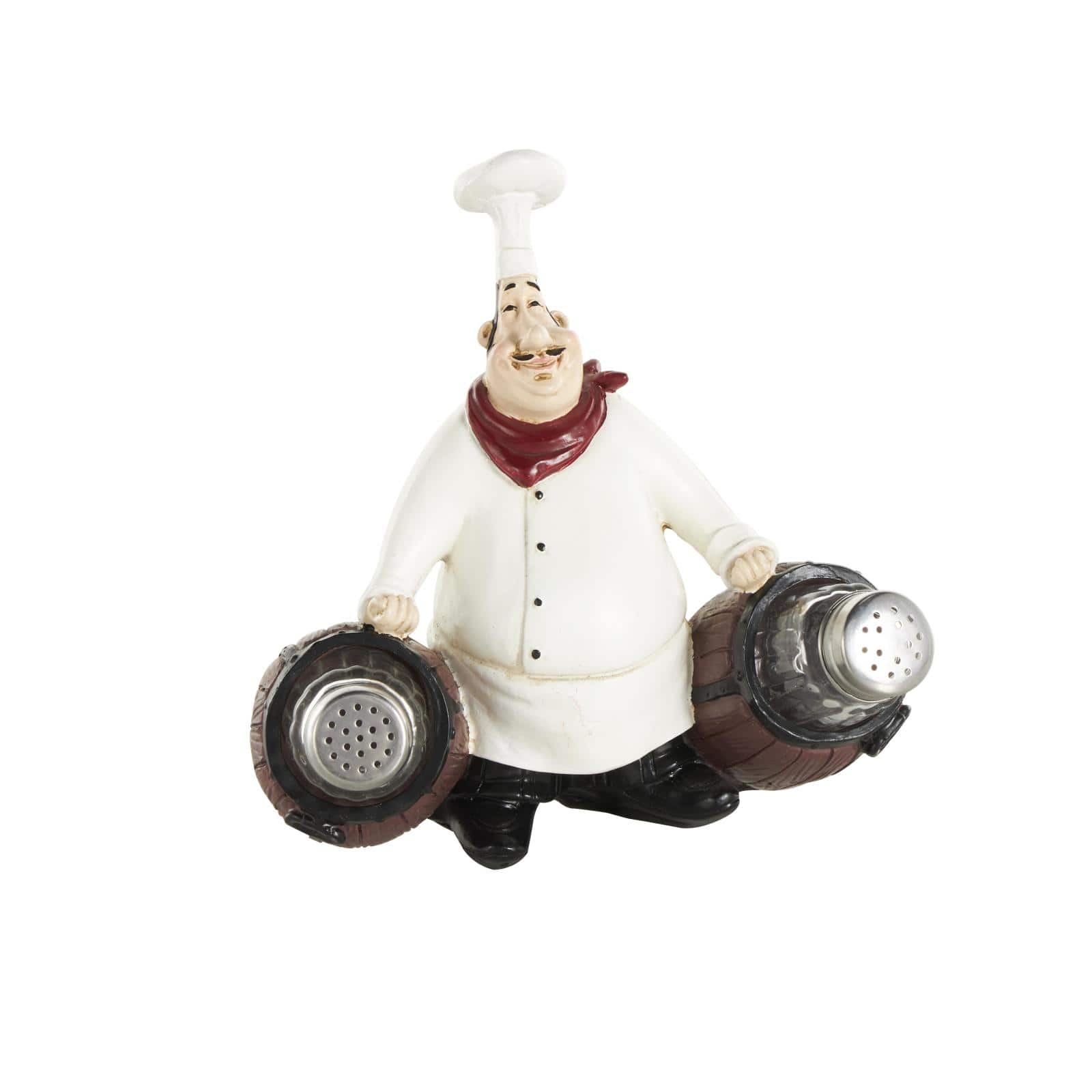 7.5" White Polystone Chef Figurine Salt & Pepper Shaker Holder with Wood Barrel Accents