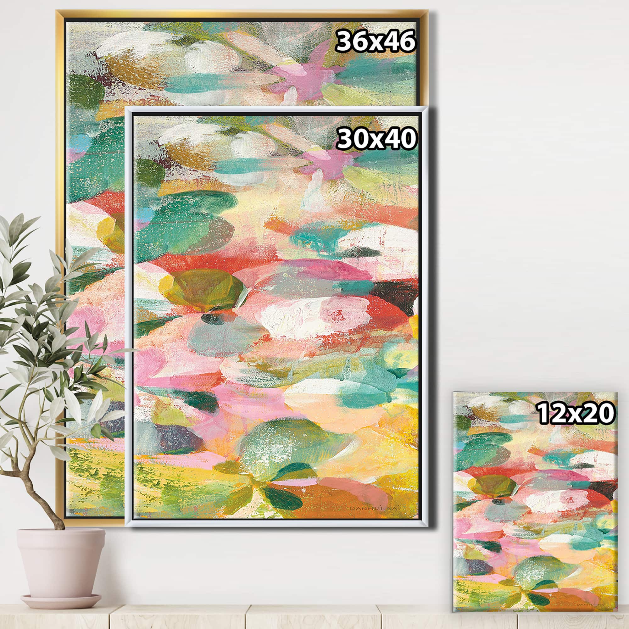 Designart - Abstract Pastel Flower Painting with Pink and Blue - Cabin &#x26; Lodge Canvas in Gold Frame