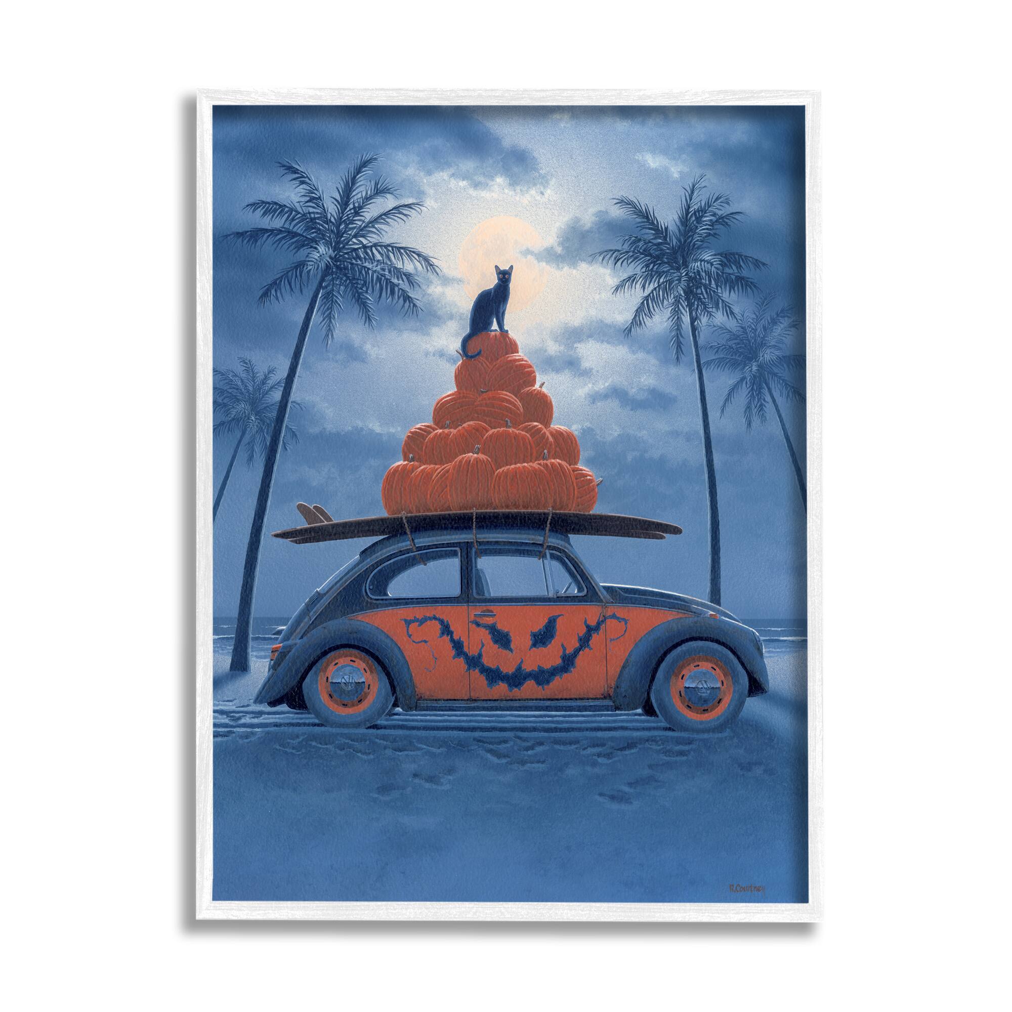 Stupell Industries Spooky Tropical Beach Pumpkin Car Framed Giclee Art