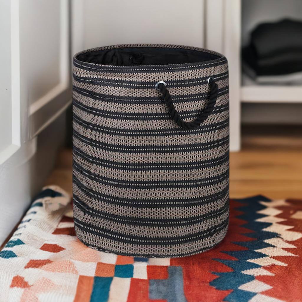 DII&#xAE; Large Black &#x26; Stone Striped Weave Round Paper Storage Basket