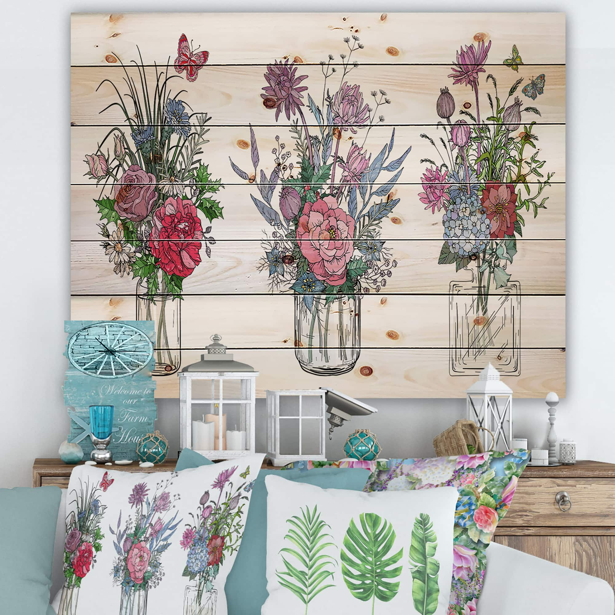 Designart - Bouquets of Wildflowers In Transparent Vases I - Farmhouse Print on Natural Pine Wood