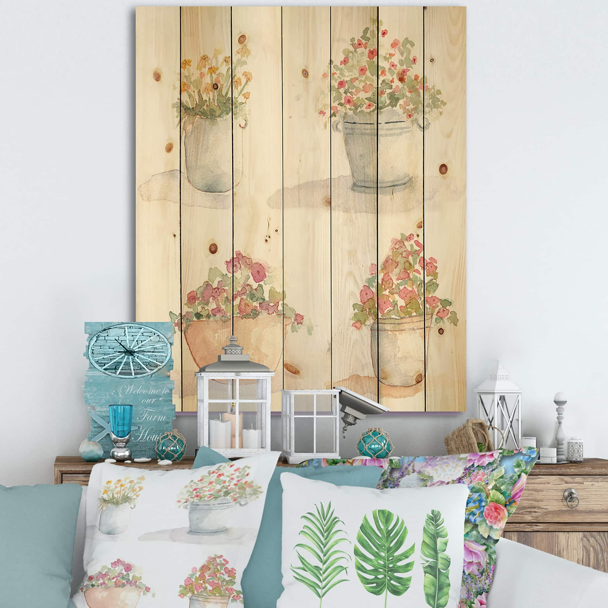 Designart - Four Outdoor Flower Pots - Traditional Print on Natural Pine Wood