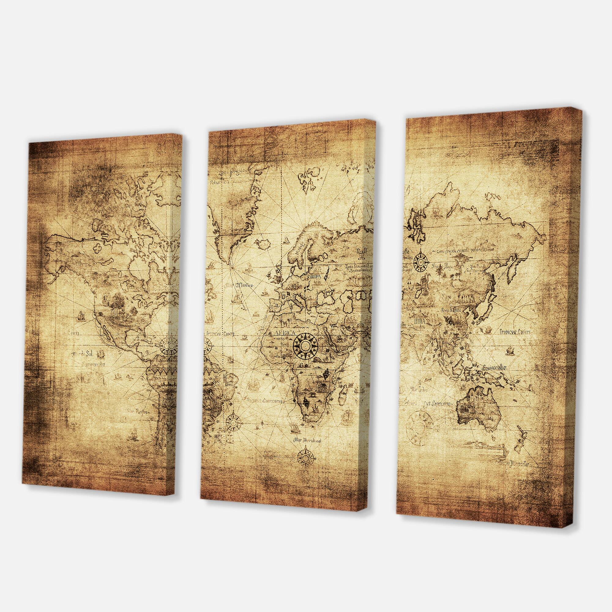Designart - Ancient Map of The World IV - Vintage Canvas Wall Art Print