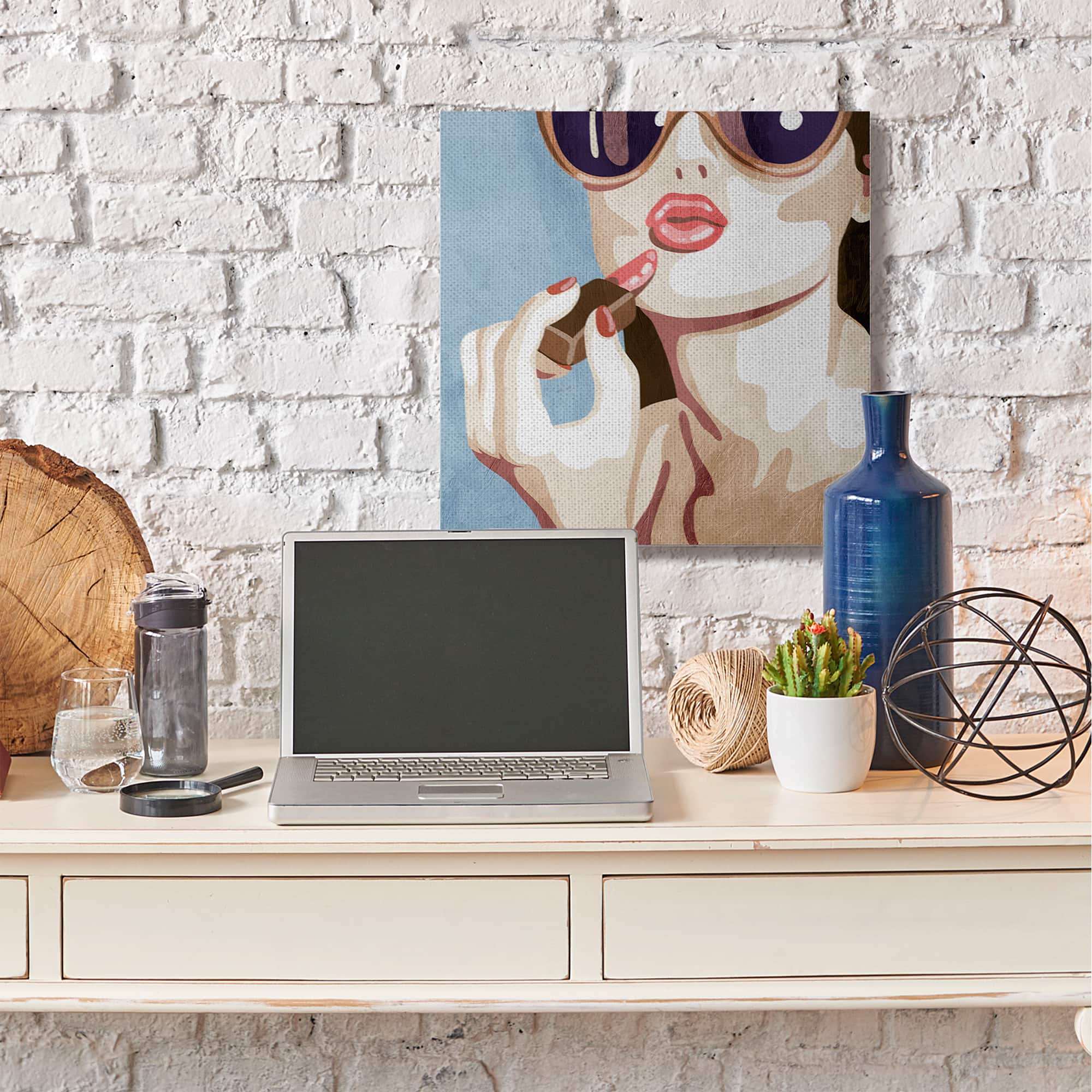 Stupell Industries Fashion Designer Lips Kiss Blue Painting Canvas Wall Art