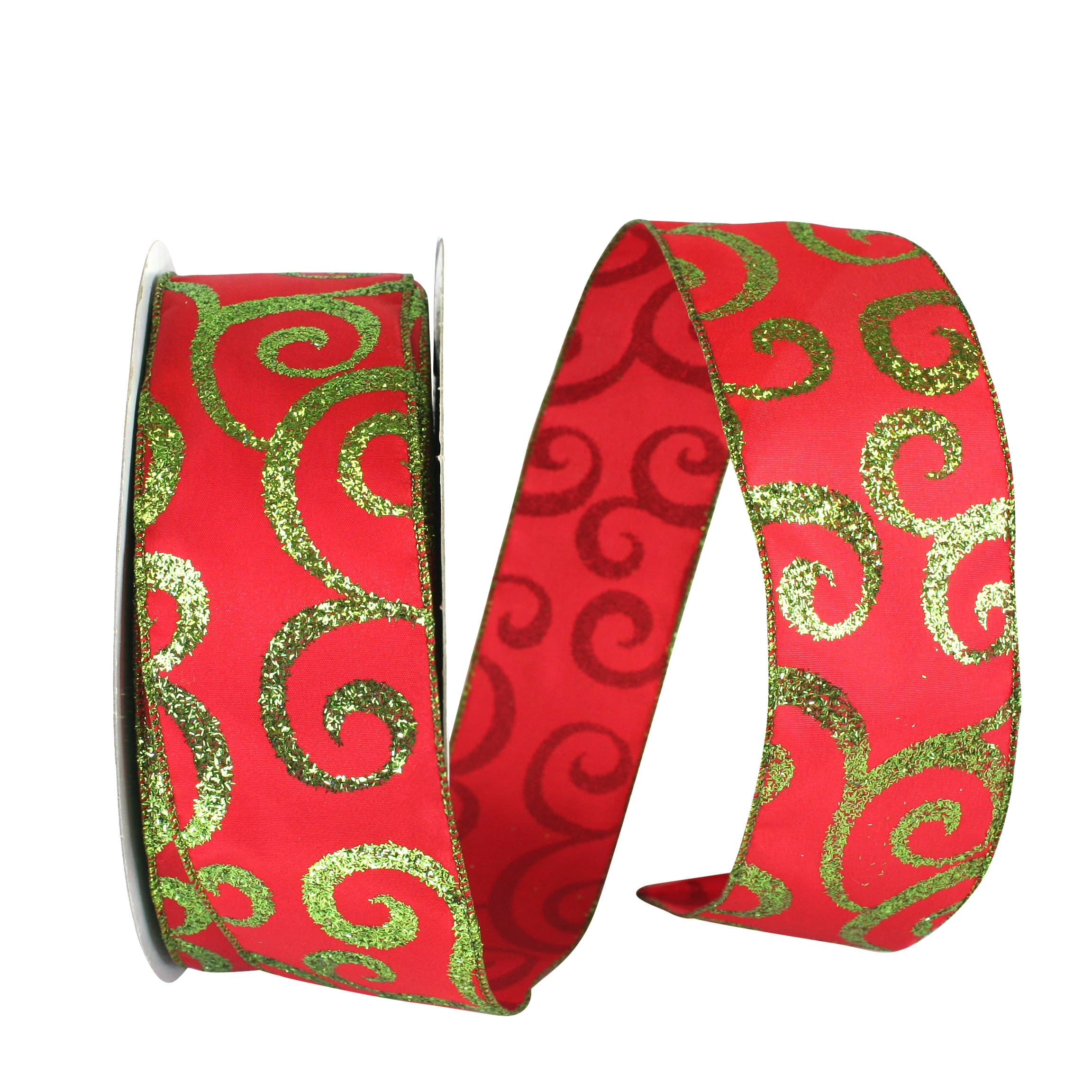 JAM Paper 2.5" x 50yd. Red & Green Scroll Wired Glitter Ribbon