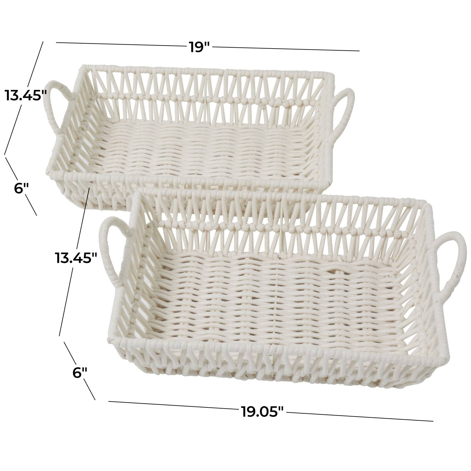 White Cotton Handmade Woven Storage Basket with Handles Set of 2 19&#x22;, 18&#x22;
