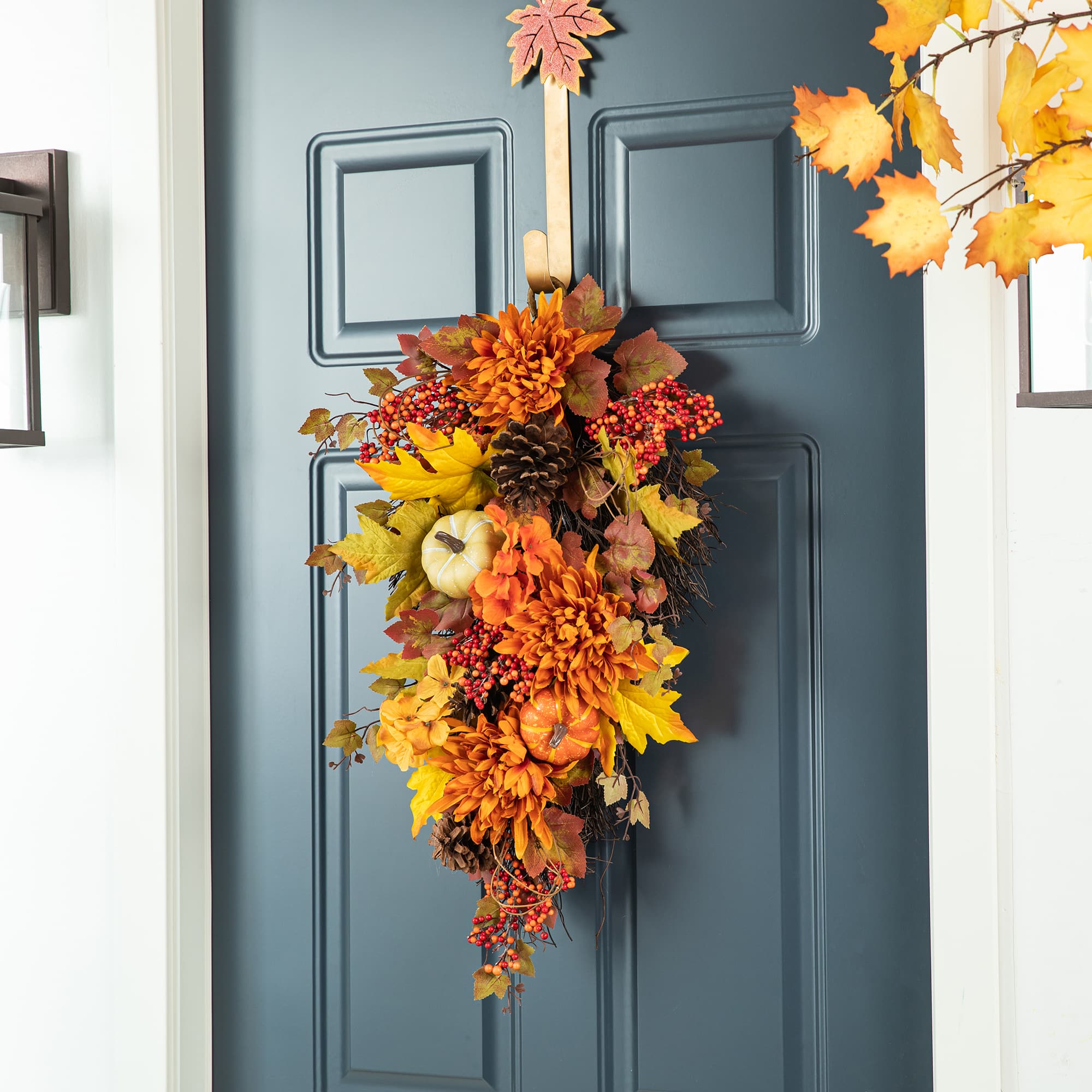 Glitzhome® 27" Fall Dahlia, Pumpkin, Leaf & Berry Swag