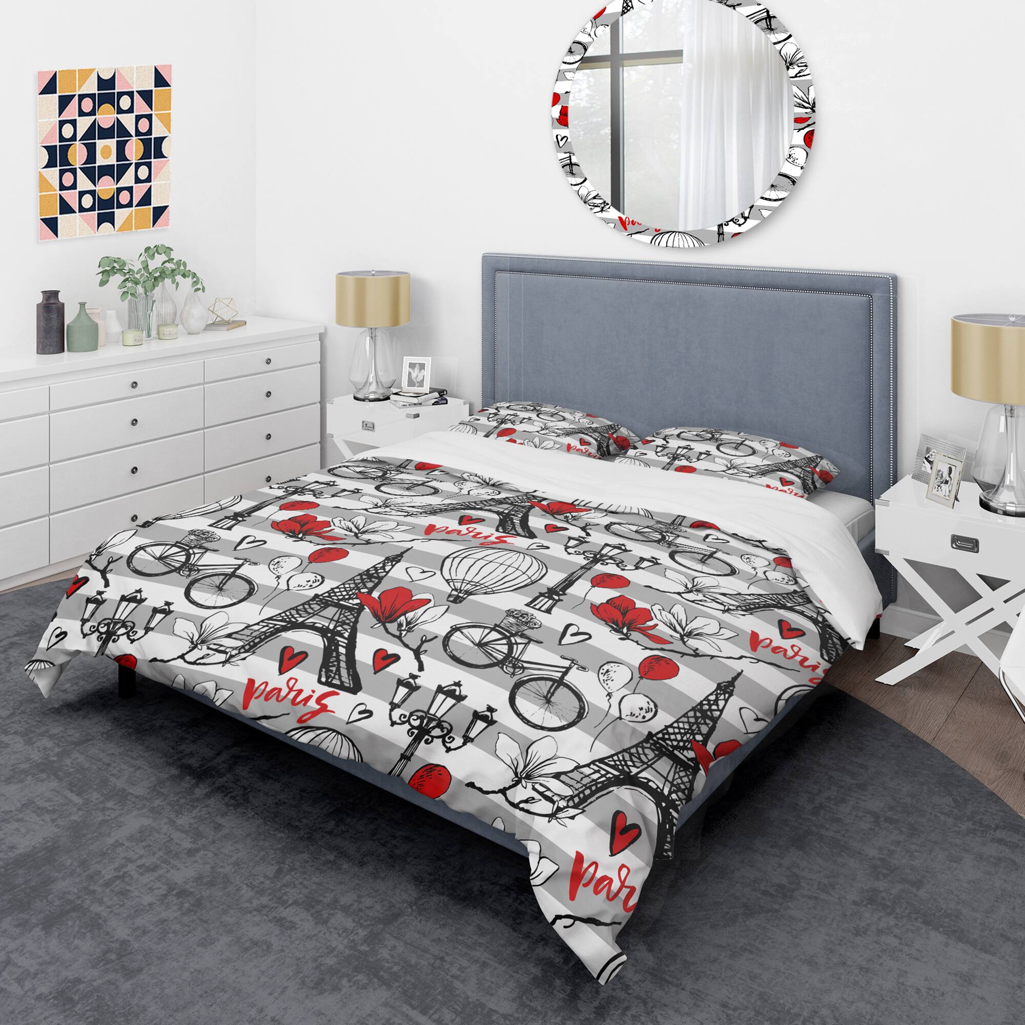 Designart 'Paris Eiffel Red Hearts II' Mid-Century Duvet Cover Set