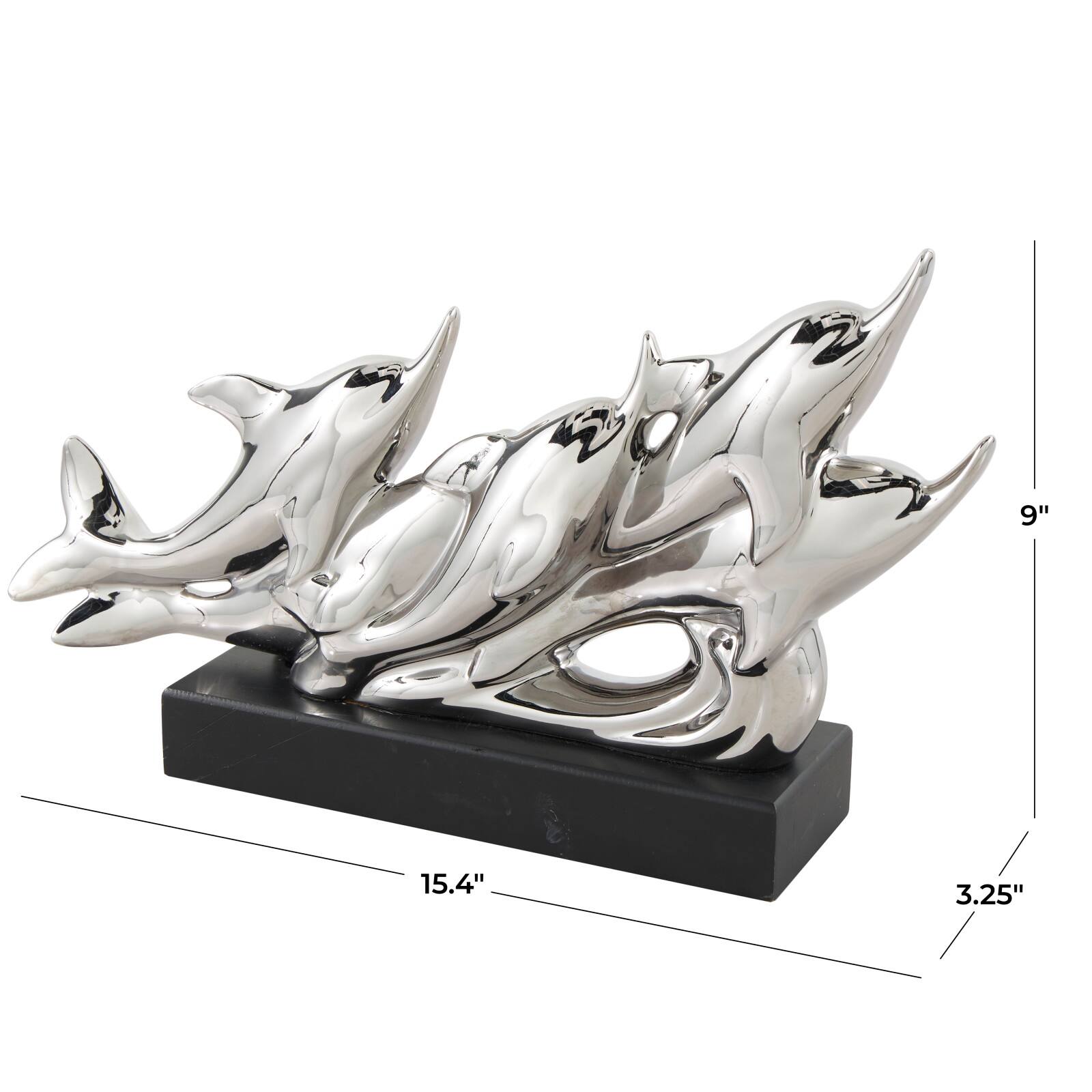 15.5&#x22; Silver Ceramic Dolphin Sculpture with Black Block Base
