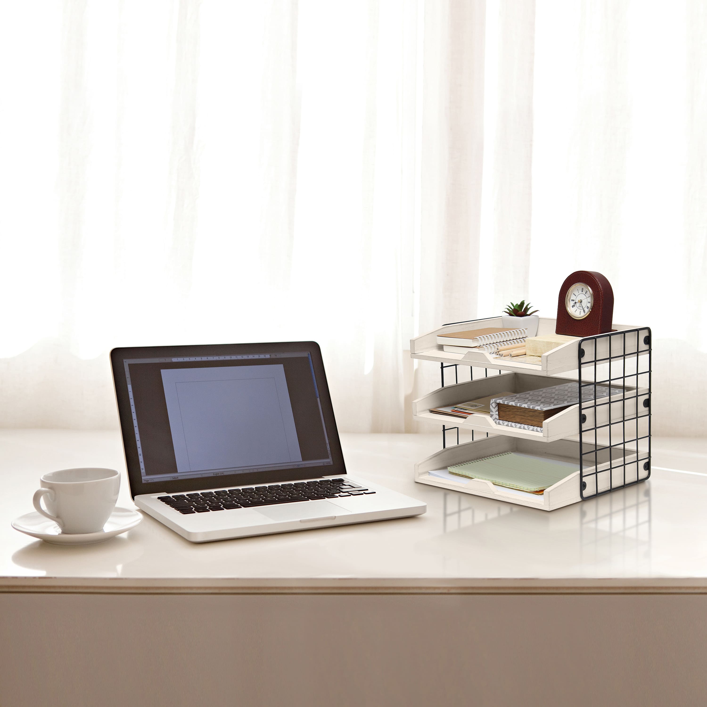 Elegant Designs Whitewash Wood Desk Organizer Letter Tray with 3 Shelves