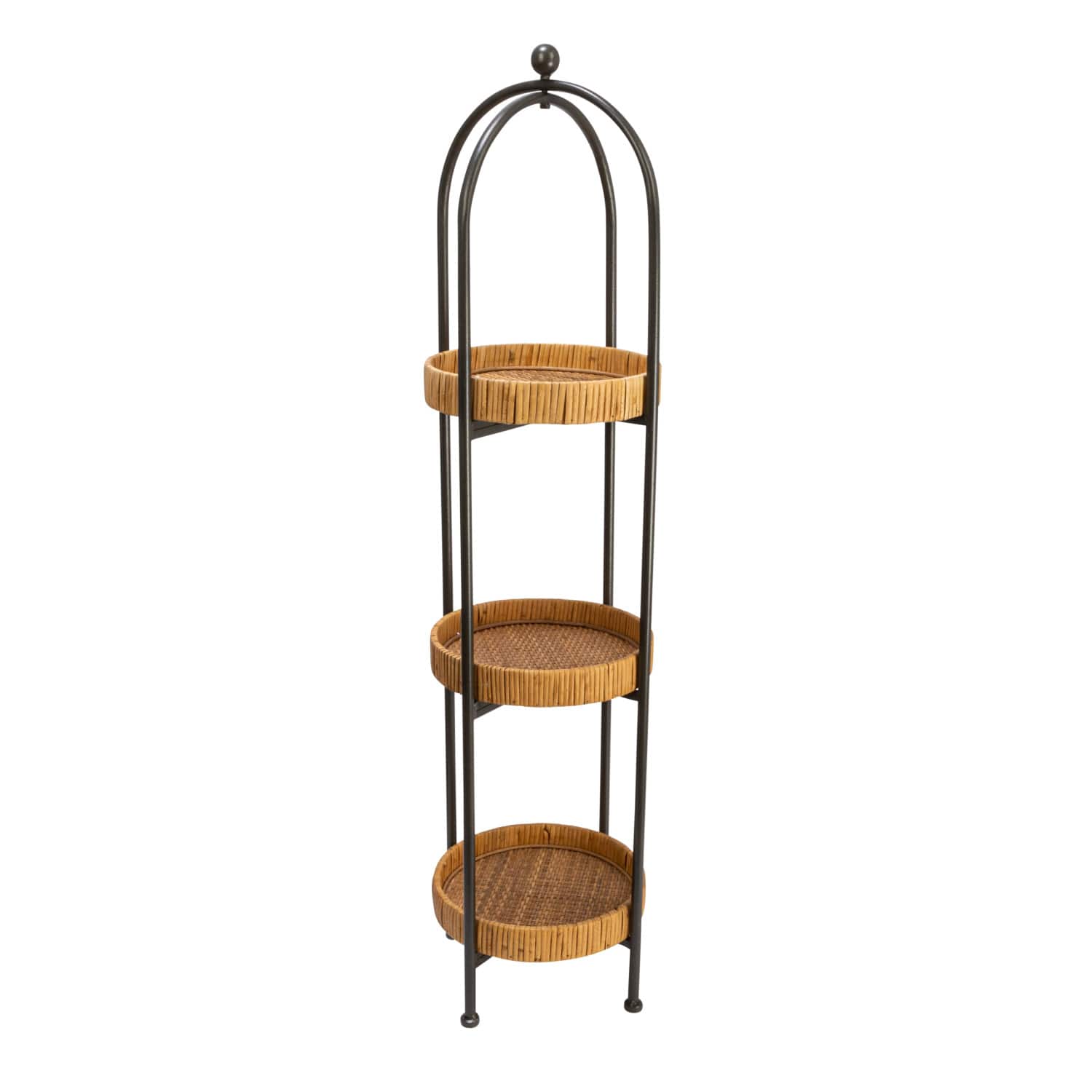 Hello Honey® 3ft. Boho Arched Black Metal Plant Stand with Rattan Trays