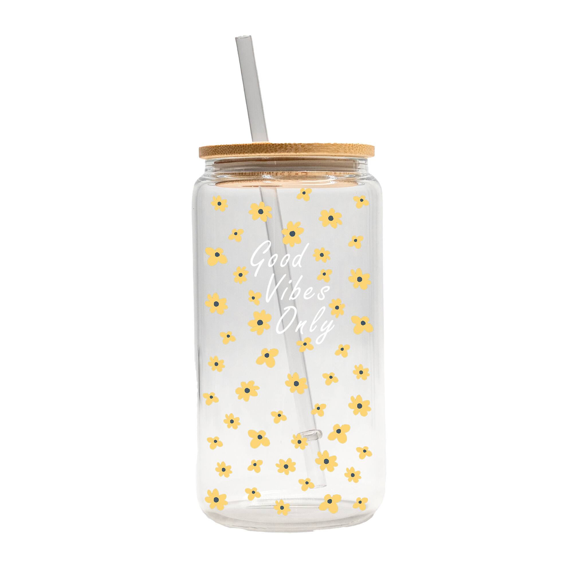 16oz. Good Vibes Only Daisies Glass Can Cup